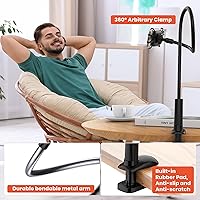 Vista 5 de Soporte para Kindle de cuello de cisne para leer en la cama, soporte de teléfono celular ajustable de 360° para escritorio, abrazadera flexible