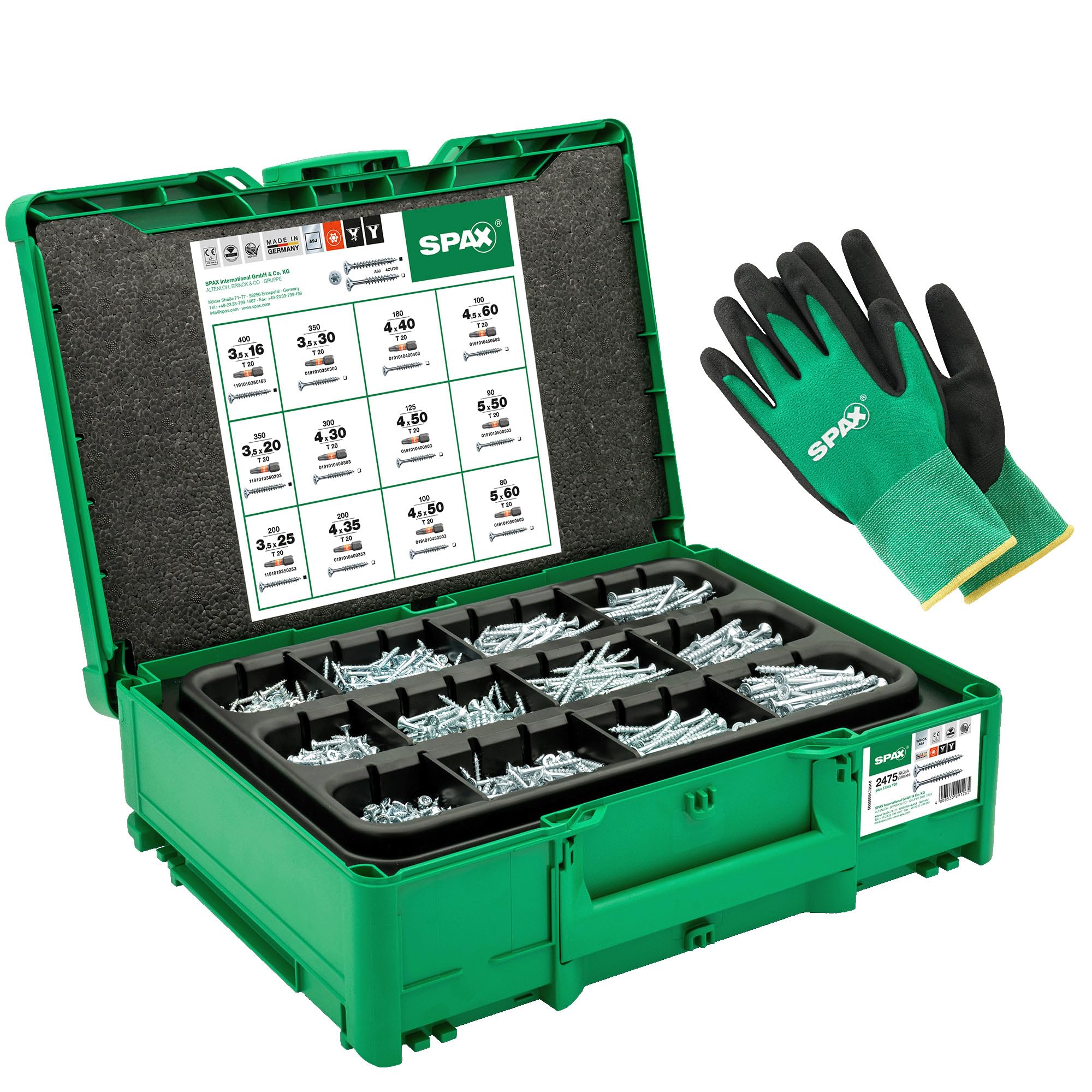 SPAX Maletín de montaje Systainer³ T-Loc - Juego de tornillos con 2.475 tornillos SPAX en 12 medidas, incl. 5 puntas T20 y guantes de trabajo, para artesanos y bricolaje – 8000000294624