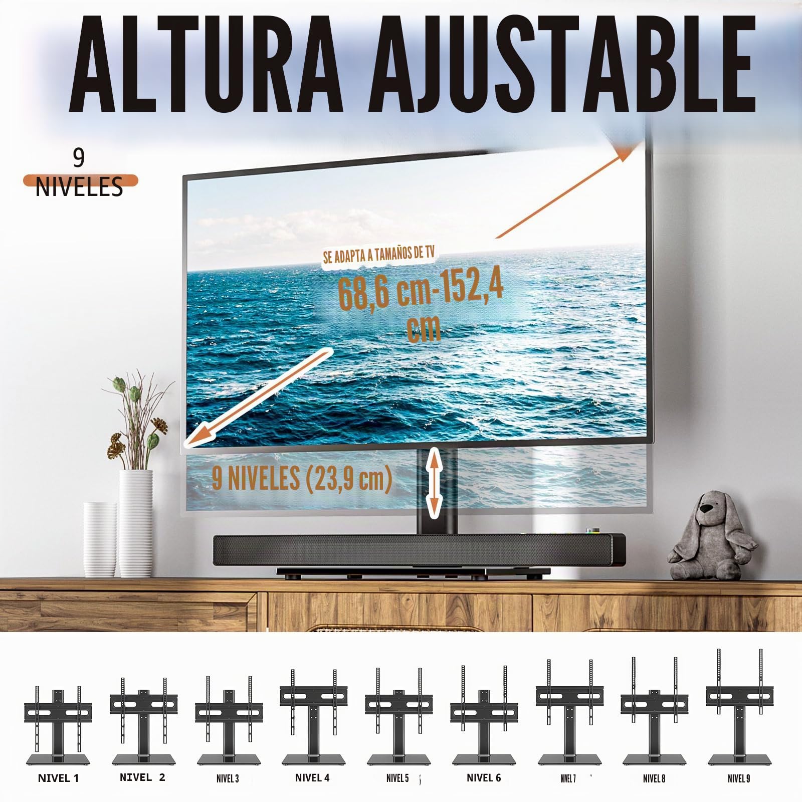 Hemudu Soporte TV Pie Universal, Soporte TV Mesa para Televisores LCD LED de 27 a 60 Pulgadas, Base Mesa TV de Altura Ajustable de 9 Niveles, Soporte Giratorio TV 70º, MAX Vesa 400x400mm, MAX 40kg