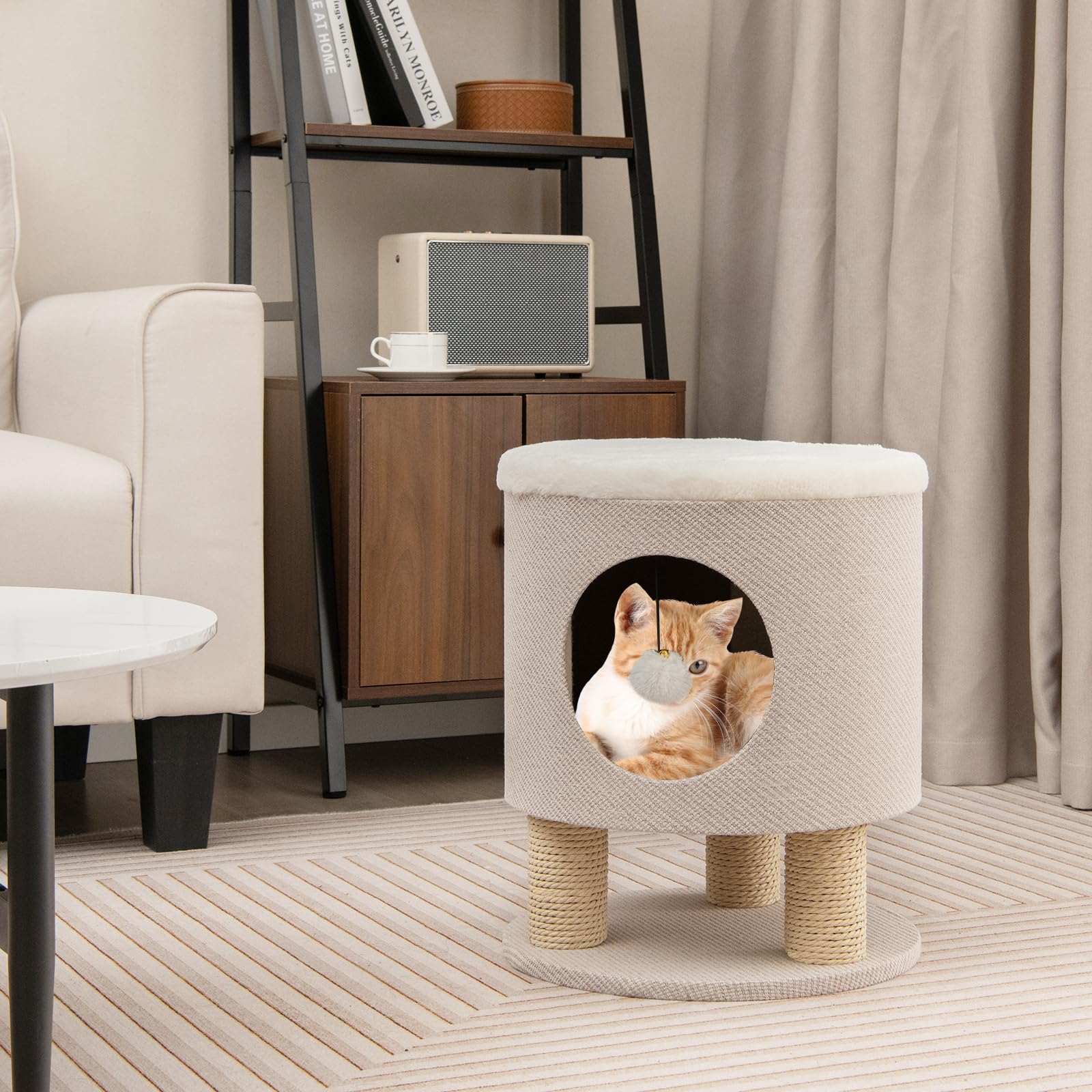 COSTWAY Taburete para Gatos 3 en 1 con Condominio, Casa para Mascotas Otomana, Cueva para Gatos con Poste Rascador y Bola de Felpa, Cama Gato Cueva 40 x 40 x 47 cm (Beige)