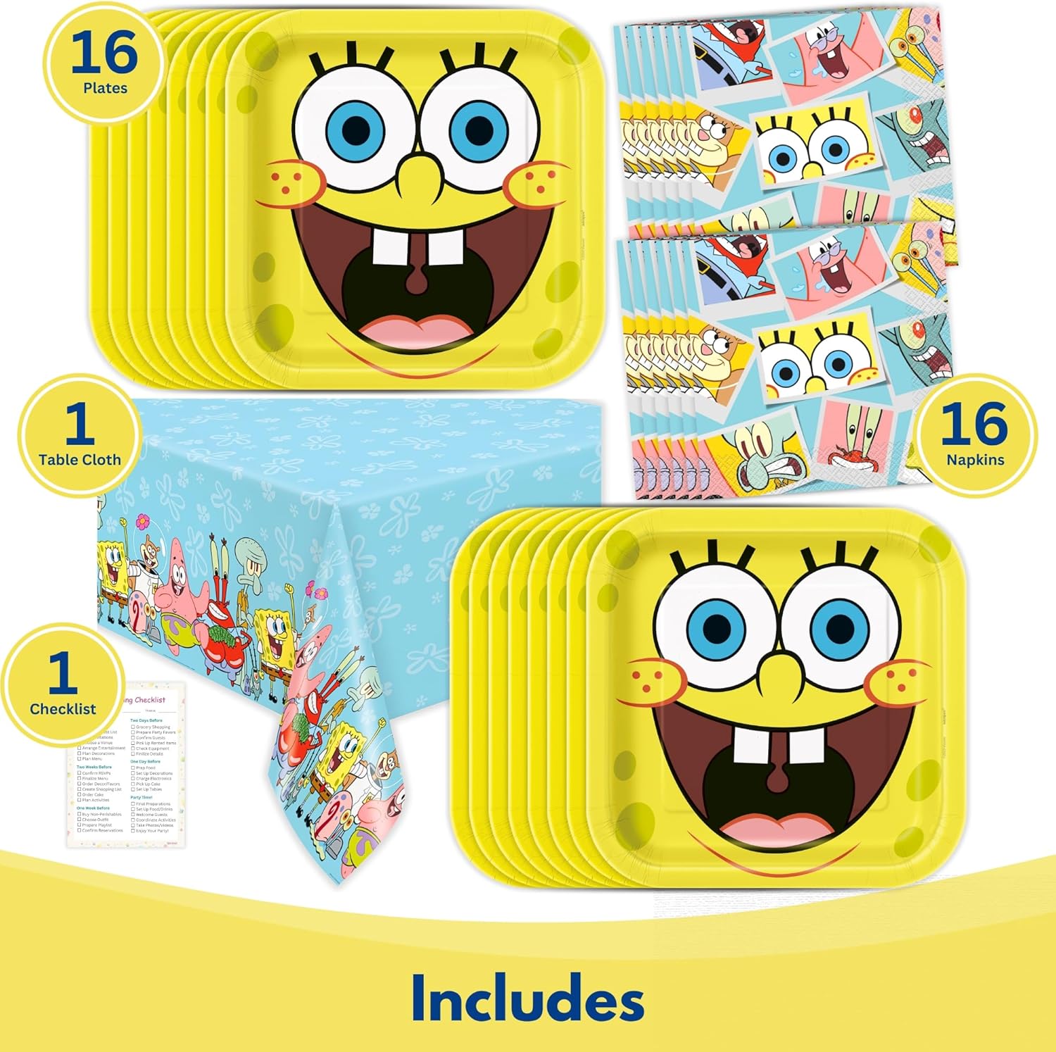 Unique Spongebob Birthday Decorations for 16 - Spongebob Plates and Napkins, Tablecloth, Checklist - Officially Licensed - Image 2