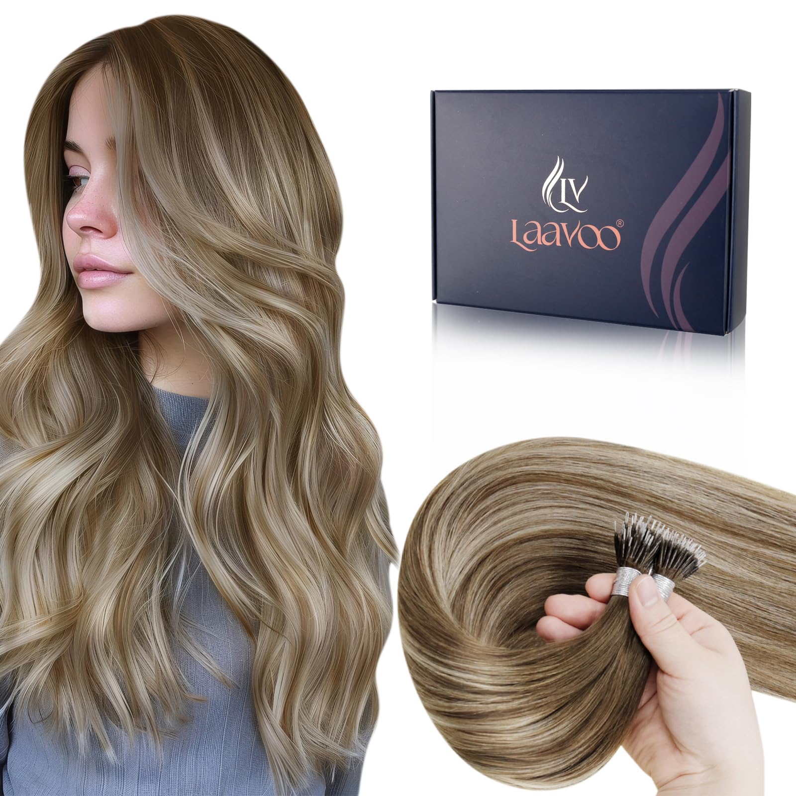 LaaVoo Nano Hair Extensions Real Human Hair Blonde Nano Beads Hair Extensions Platinum Blonde Invisible Nano Ring Straight Remy Hair 50g 50s 14 Inch #60 — view 24