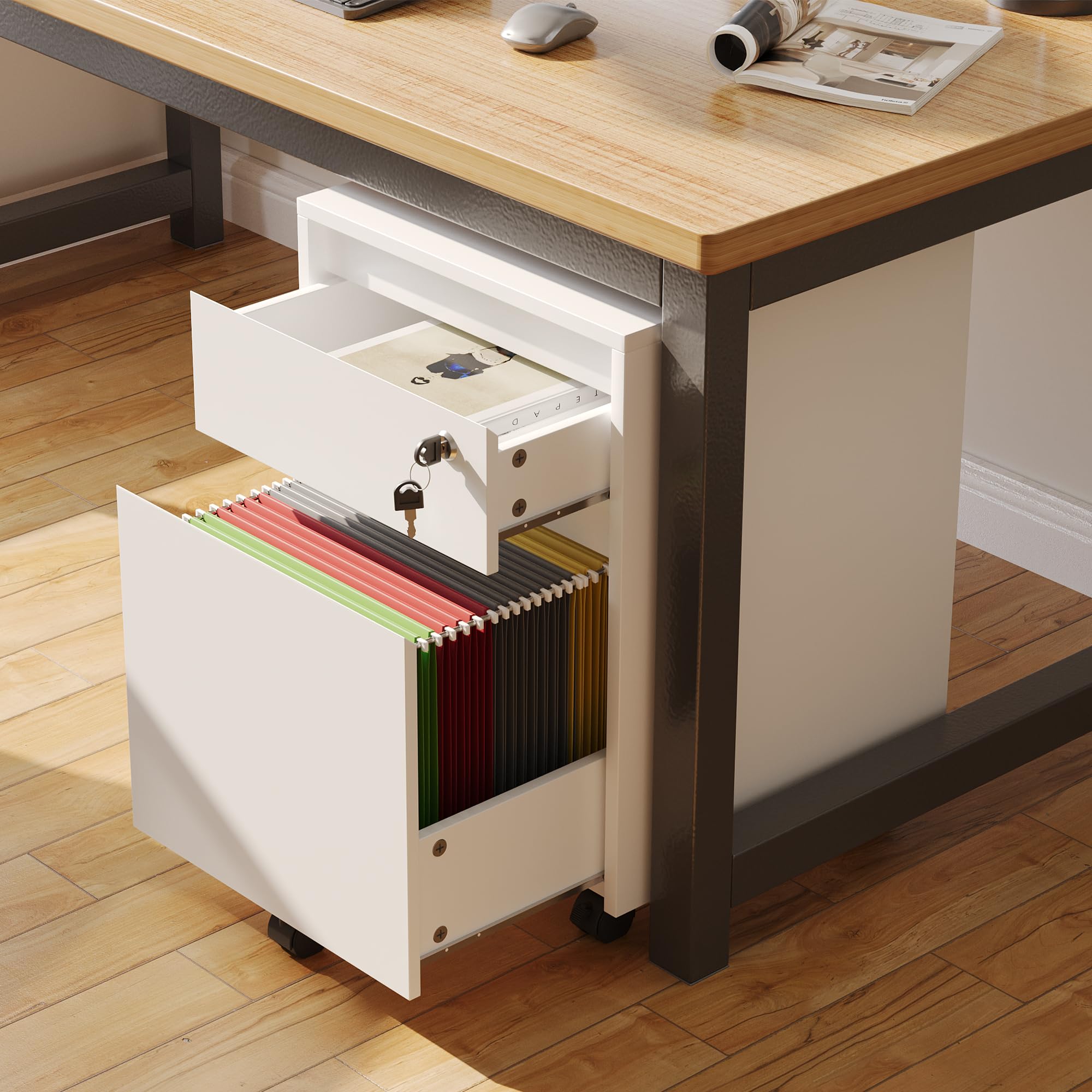 YOUDENOVA Schedario da Ufficio con 2 Cassetti e Serratura, Cassettiera Sotto Scrivania con 5 Ruote, Armadietto per Documenti A4 e Cartelle Sospese, 40x40x57 CM, Bianco