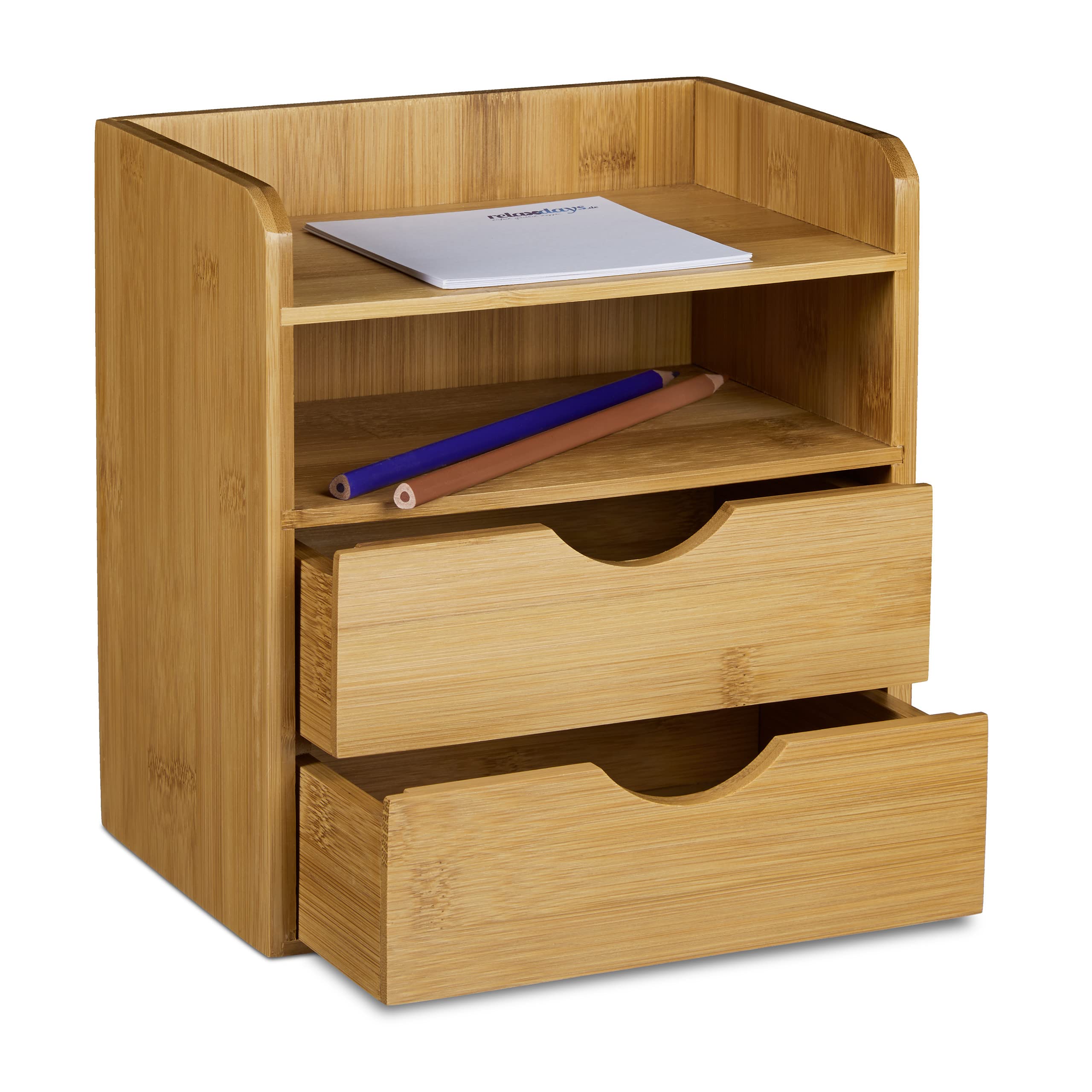 Relaxdays Organizador de Escritorio de Bambú con 2 Estantes Extraíbles y Caja de Almacenamiento para Oficina, 19.5 x 13 x 21 cm
