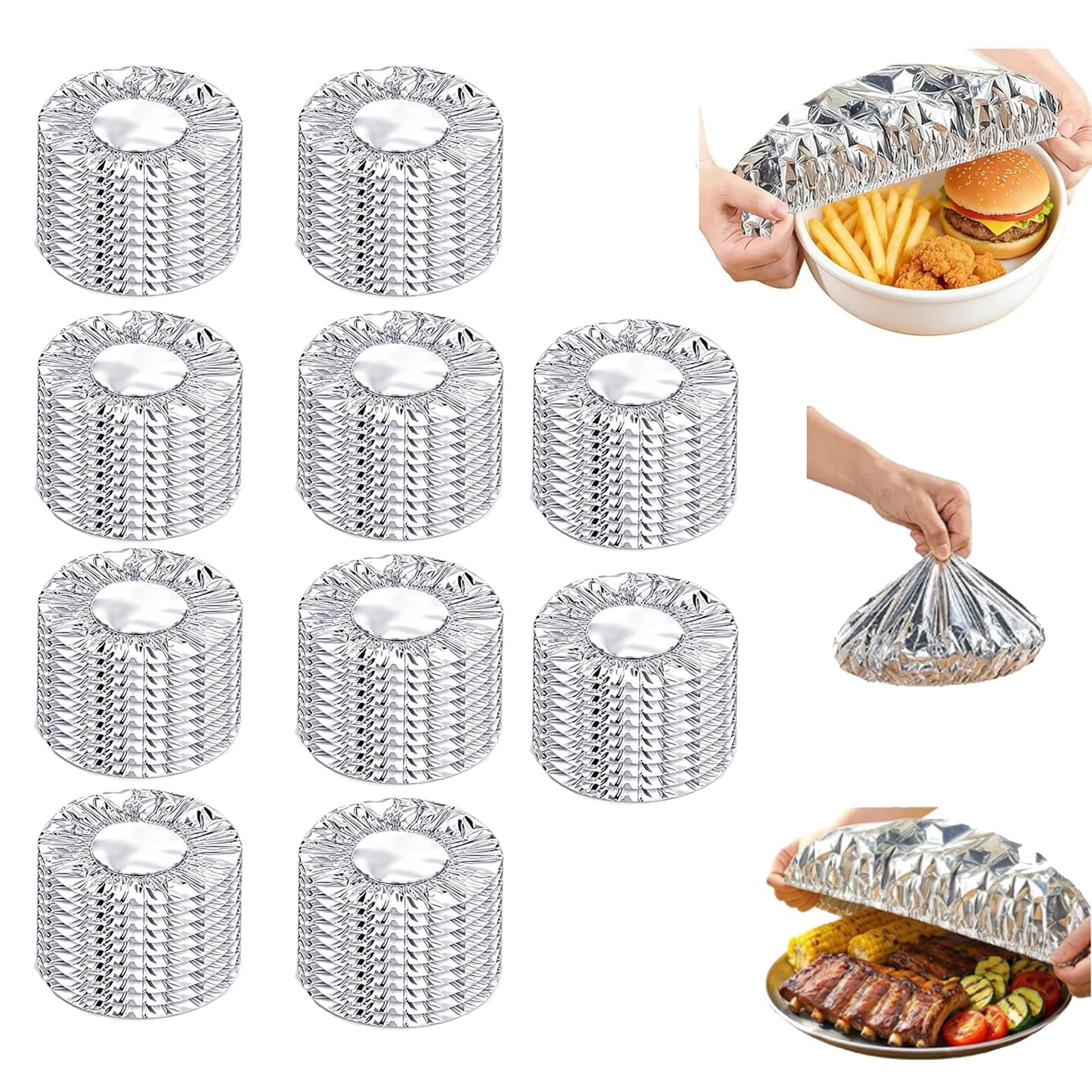 Aluminum Foil Food Covers, Stretch Aluminum Foil Food Covers, Thickened Heat-Resistant Material with Continuous Warmth, Reusable Food Covers for Kitchen Meals Vegetables Fruits Leftovers (100 PCS)