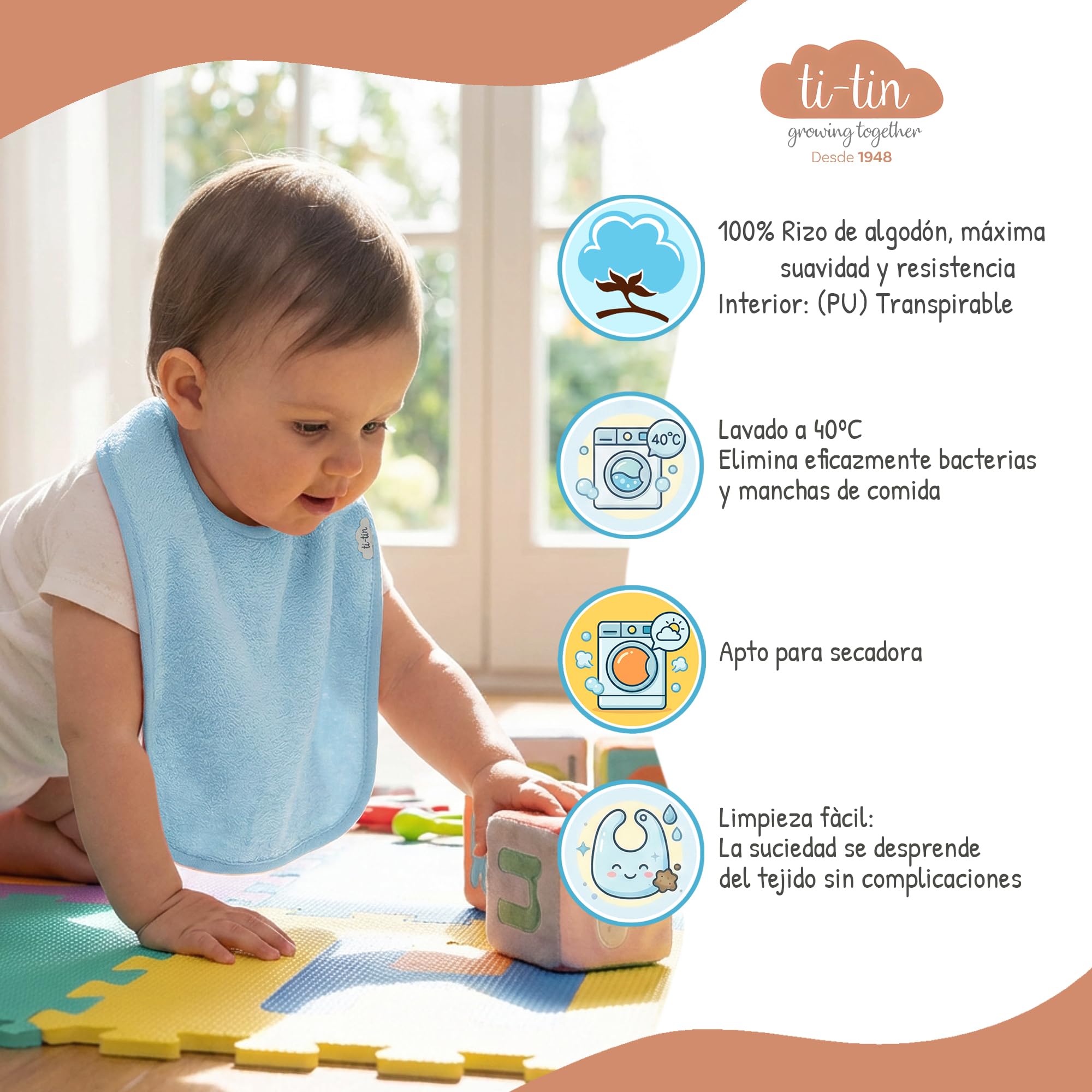 Ti TIN Pack 5 Baberos Bebé Impermeables y Absorbentes - 6 a 12 Meses - Ideal Guardería con Goma Elástica y Rizo de Algodón Extra Suave — view 4