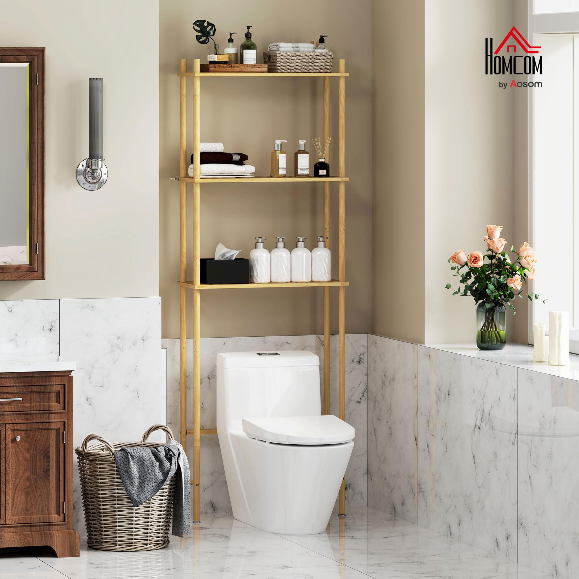 HOMCOM Scaffale da Bagno Sopra WC a 3 Ripiani, Mensola Portaoggetti da Bagno Salvaspazio in Bambù, Mobile Sopra Lavatrice per Lavanderia con Piedini Regolabili, Color Naturale