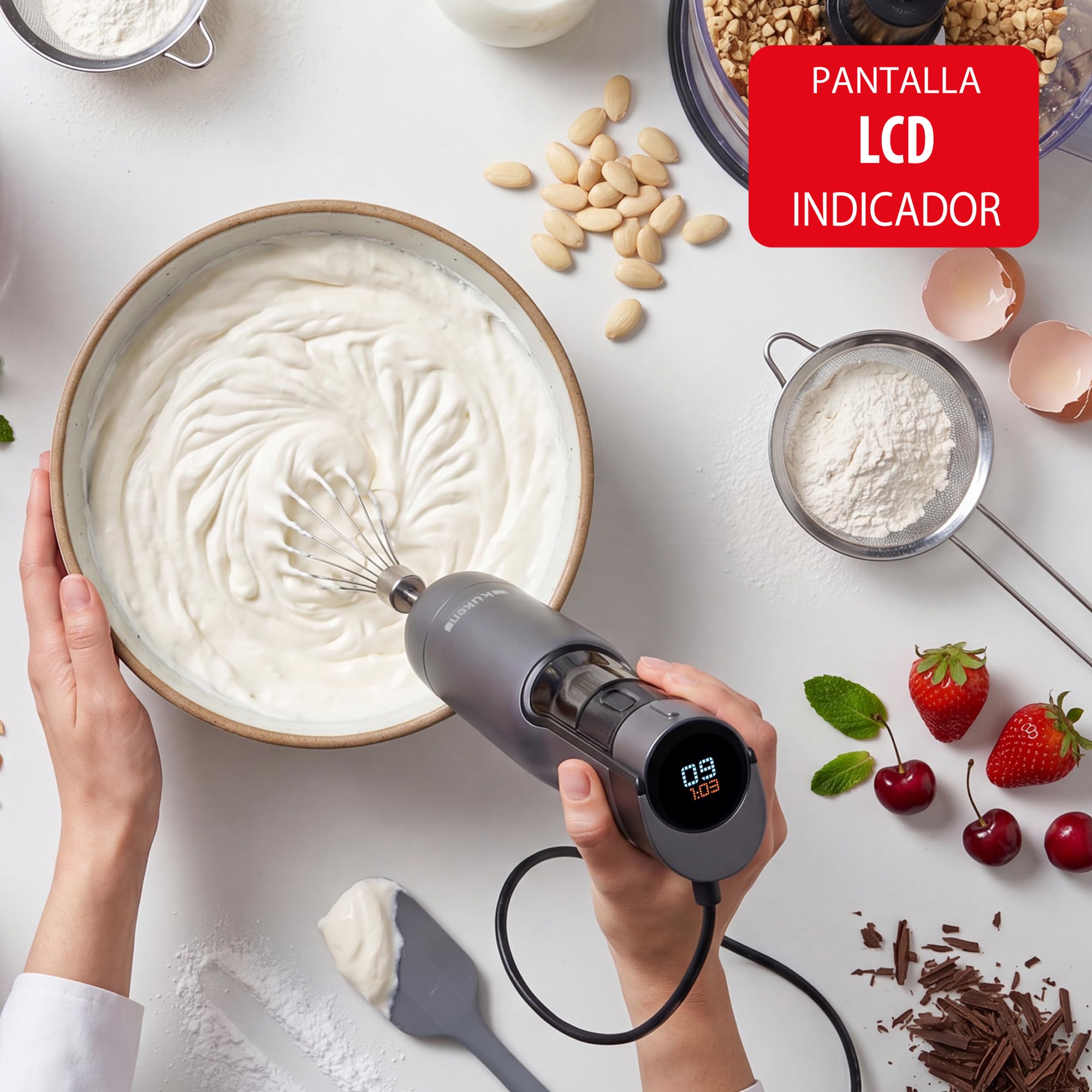 KUKEN Batidora De Mano 1000W Con Accesorios, Minipimer Profesional Con 9 Velocidades, Batidora Brazo Inox Con Pantalla LCD, Picadora, Varillas Y Vaso Graduado