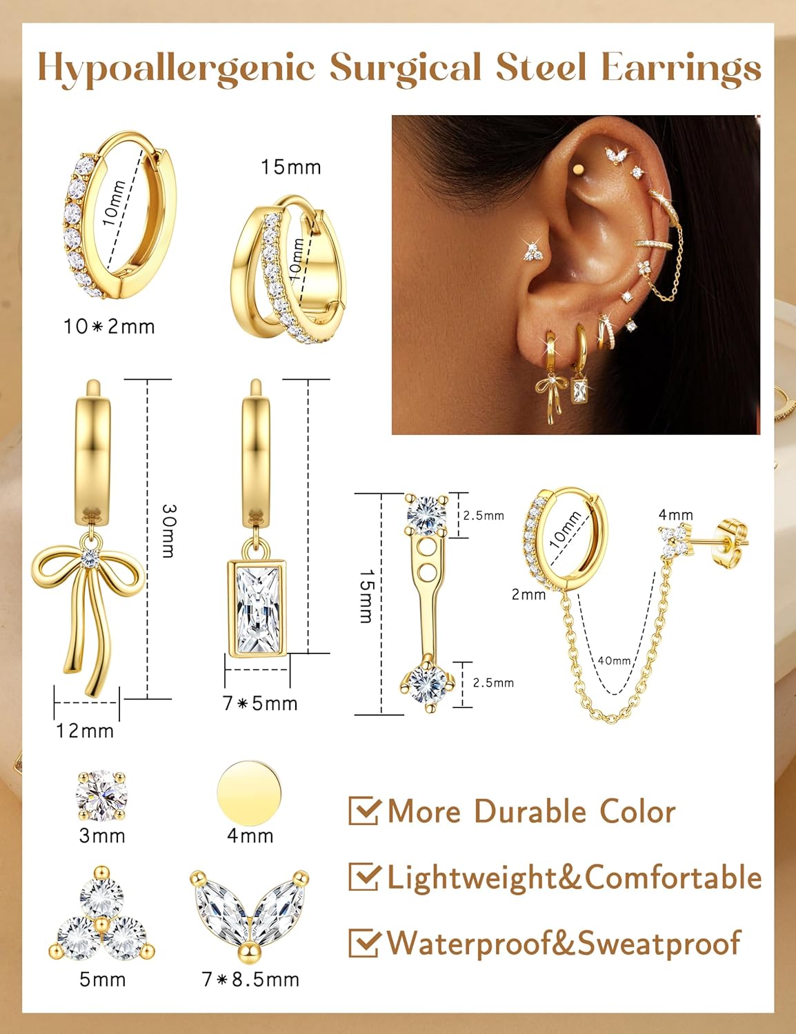 ORAZIO Small Hoop Stud Earrings Stacks for Women 14K Gold Plated Silver Huggie Hoops Cartilage Hypoallergenic Chain Cute Dangle Earrings Set for Multiple Piercings Jewelry - Image 3