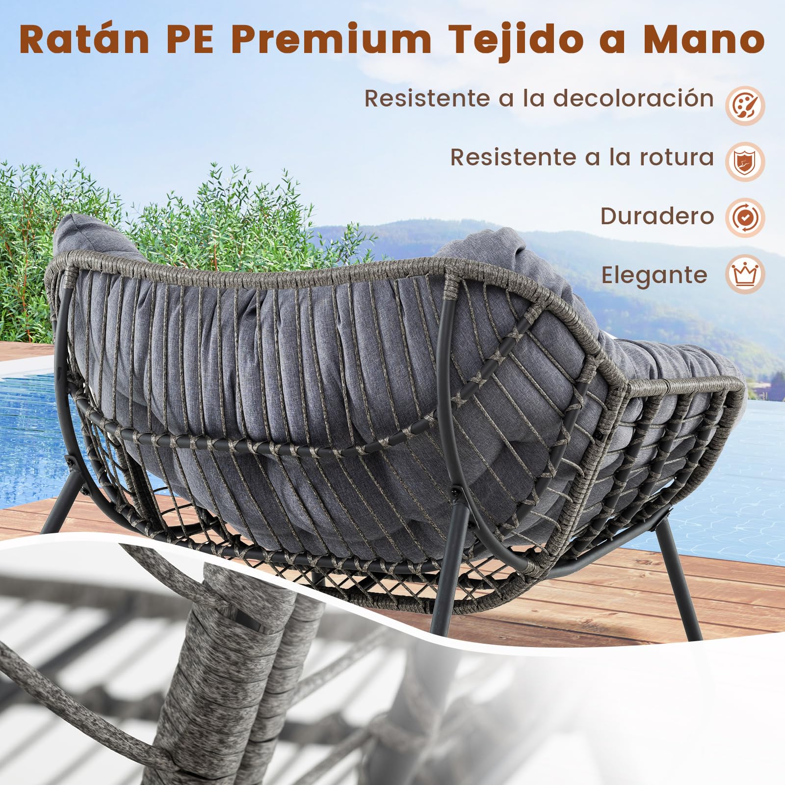 COSTWAY Silla Mecedora para Exteriores, Silla de Huevo de Mimbre PE de Gran Tamaño con Cojín Grueso y Extraíble, Silla de Ratán con Estructura Metálica Resistente para Salon, Balcón, Jardín (Gris)