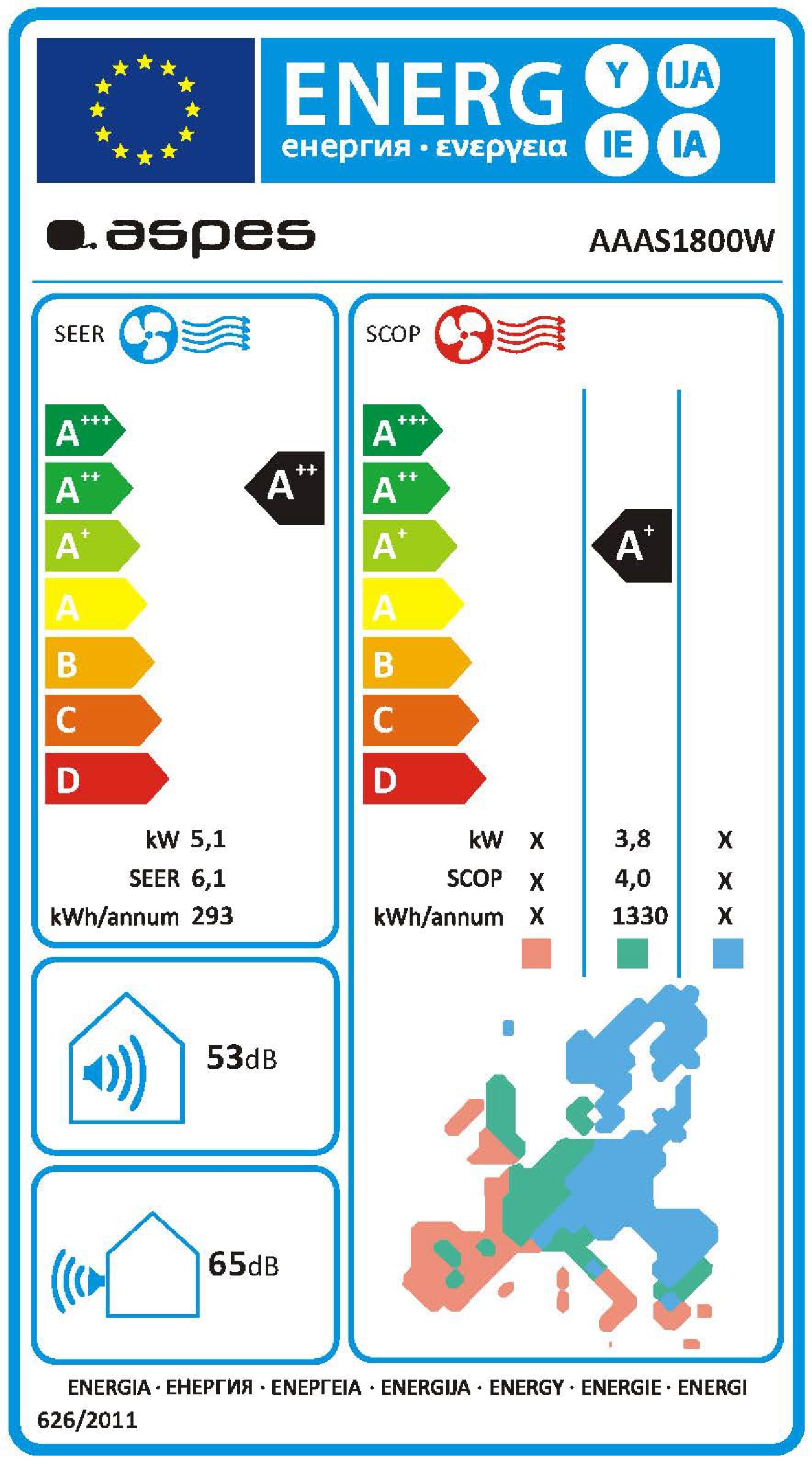 Aspes Aire Acondicionado Split, 18000 BTU AAAS1800W. Bomba de Calor, Temporizador, Clasificación Energética A++