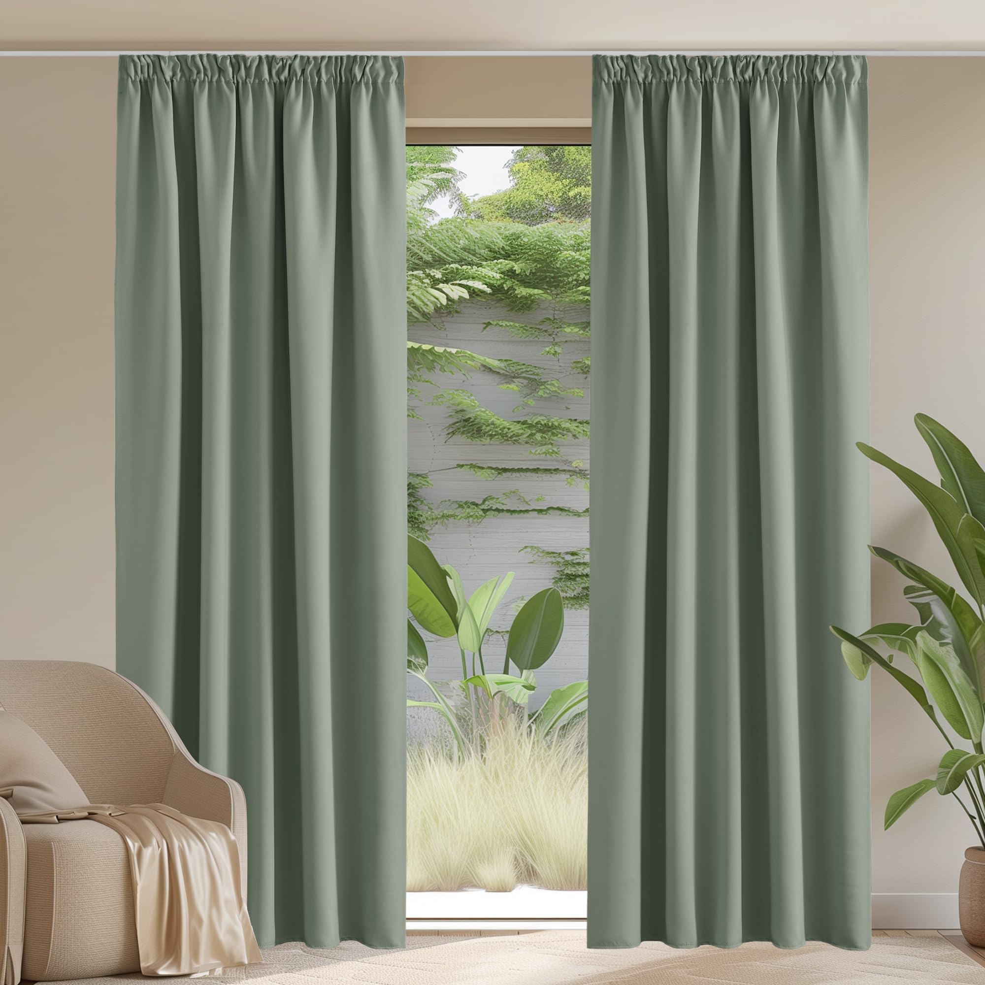 PONY DANCE Pencil Pleat Thermal Curtains 90 Inch Drop Sage Green - Bedroom Blackout Curtains Thermal Insulated Privacy Protected Windproof Drapes for Nursery Living Room, W90 X L90, 2 Panels โ image 1