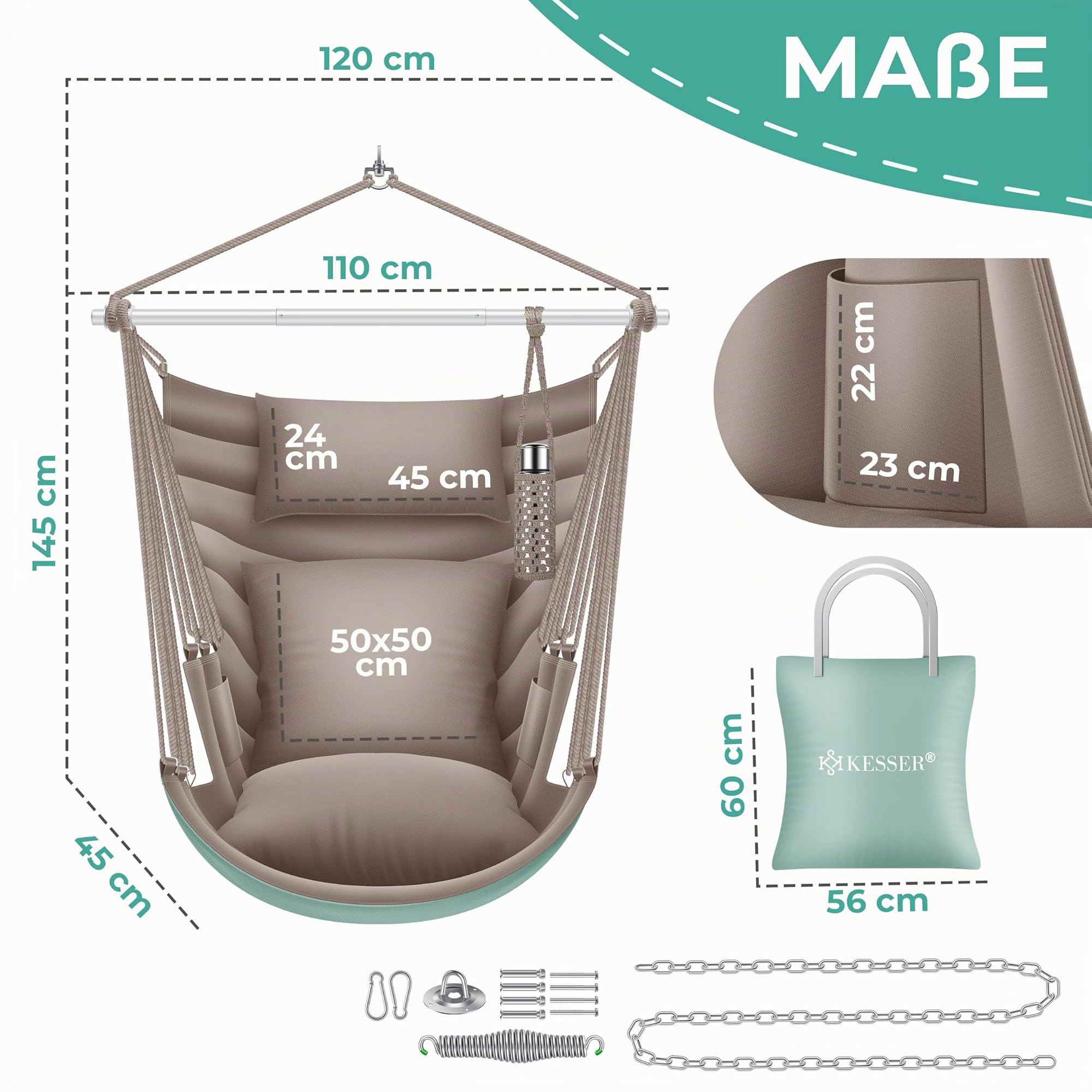 KESSER® Poltrona sospesa Haiti, portata 150 kg, girevole a 360°, altalena sospesa per interni ed esterni, resistente ai raggi UV e all'acqua, facile da pulire, include 2 cuscini, borsa per il