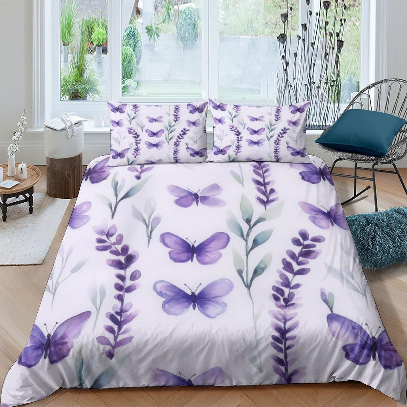 GPLZQXKJNH 3D Printed Purple Butterfly Duvet Cover Microfiber Soft Floral Lavender Quilt Cover Set with 2 Pillowcases for Bedroom Decor, Single（135x200cm）