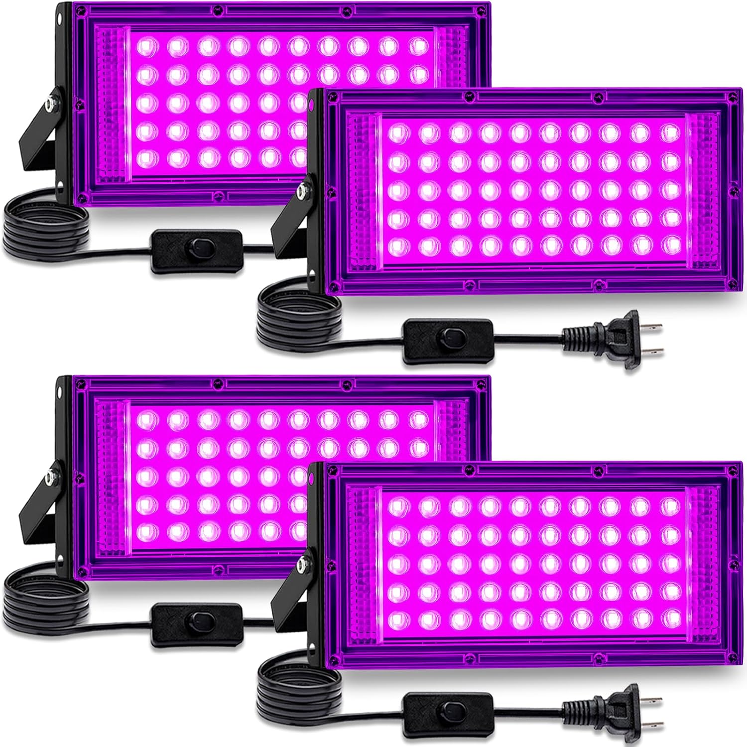 50W 4Pack Black Light for Glow Party, IP65 Waterproof,385-400nm Wavelength,with Plug and Switch,for Halloween Decorations,Body Painting,Birthday Party,Classroom,Stage Lighting