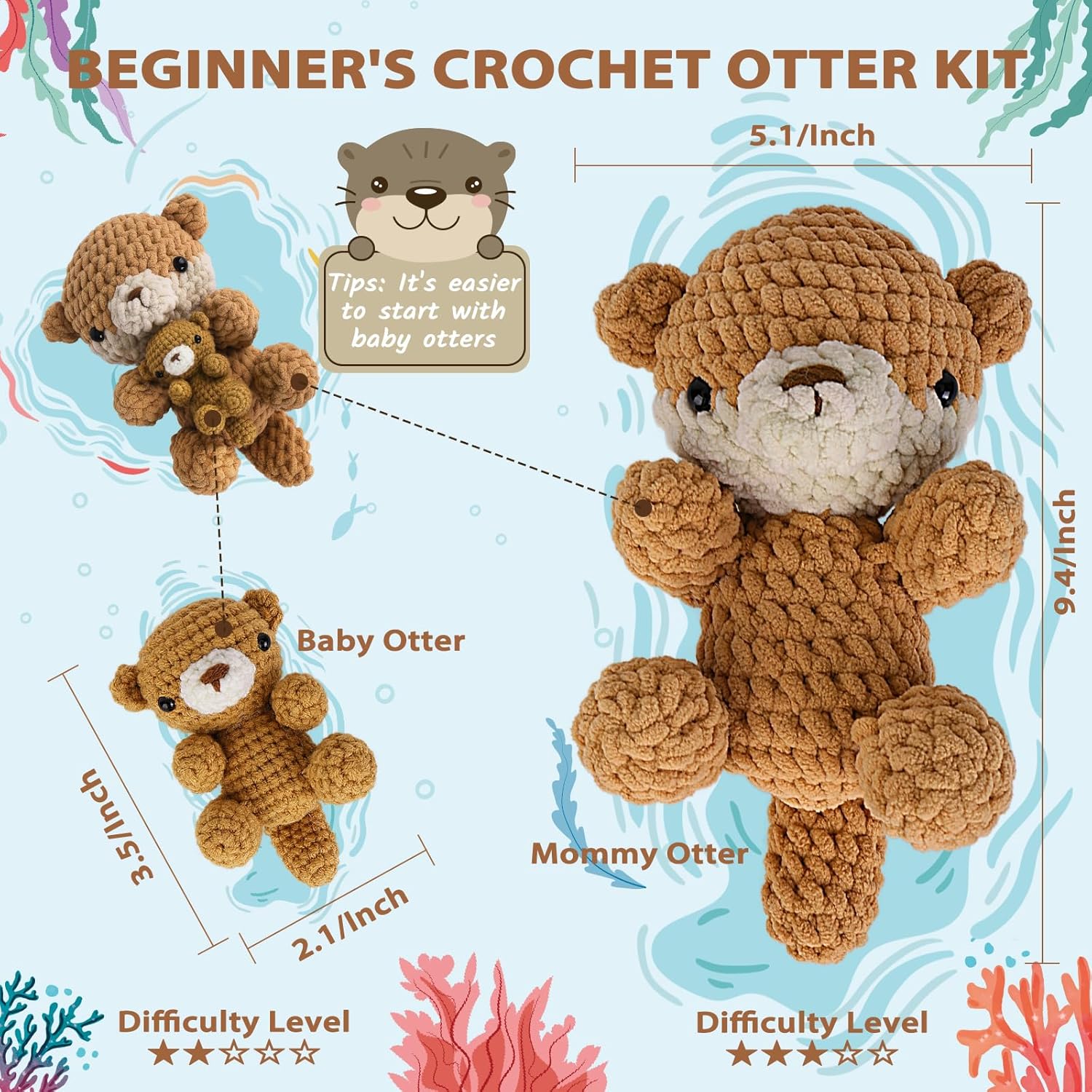 Crochet Kit for Beginners, Crochet Starter Kit w Step-by-Step Video Tutorials, Beginner Crochet Kit for Adults Kids Women Men Complete Kit Included (3 Bees Kit and 2 Otters Kit)
