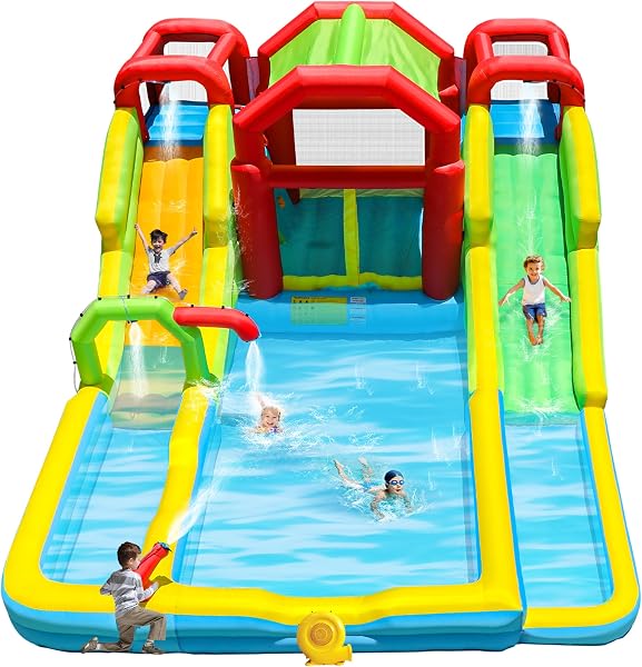 WELLFUNTIME Inflatable Water Double Slides Park with Blower, Shade Tent Bounce House with 2 Climbing Walls, 3 Water Pool