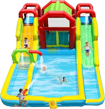 WELLFUNTIME Inflatable Water Double Slides Park with Blower, Shade Tent Bounce House with 2 Climbing Walls, 3 Water Pools, 226x168x98 Inch