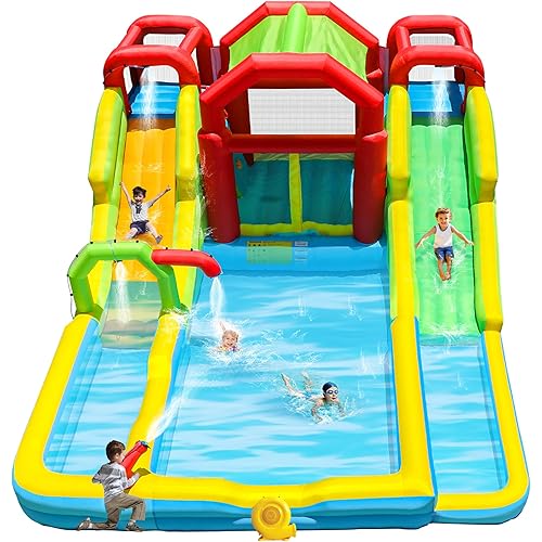 Inflatable Water Double Slides Park with Blower, Shade Tent Bounce House with 2 Climbing Walls, 3 Water Pools, 226x168x98 Inch
