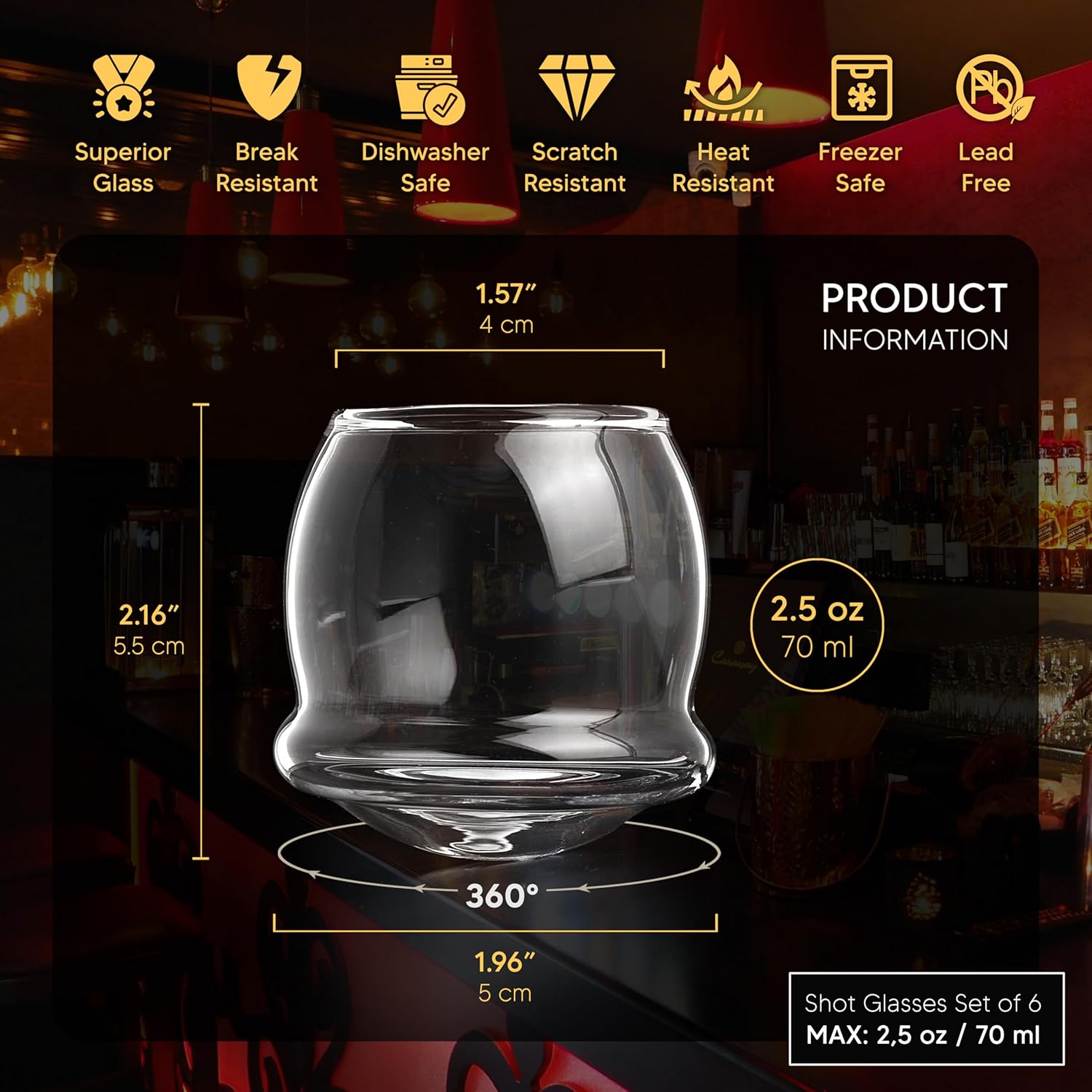 Spinning Shot Glasses Set of 6, Cute Shot Glasses for Whiskey, Tequila, Liquor, Vodka, Bar Glassware, Resistant Glass, 2.5 oz - Image 3