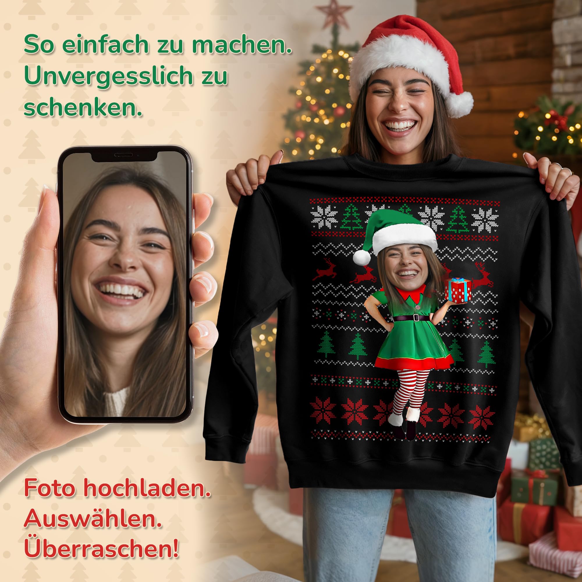 Personalisiertes Weihnachts Sweatshirt – Mit eigenem Foto oder Gesicht – Lustiger & Hässlicher Weihnachtspullover für Damen & Herren – Einzigartiges Geschenk zu Weihnachten