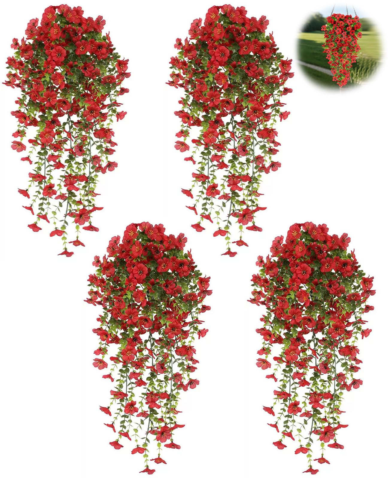 Guttiuaa 4 Bundles Artificial Hanging Plants Outdoor, 77cm Fake Hanging Flowers for Indoor Outside Wall Garden Patio Wedding DéCor (Red)