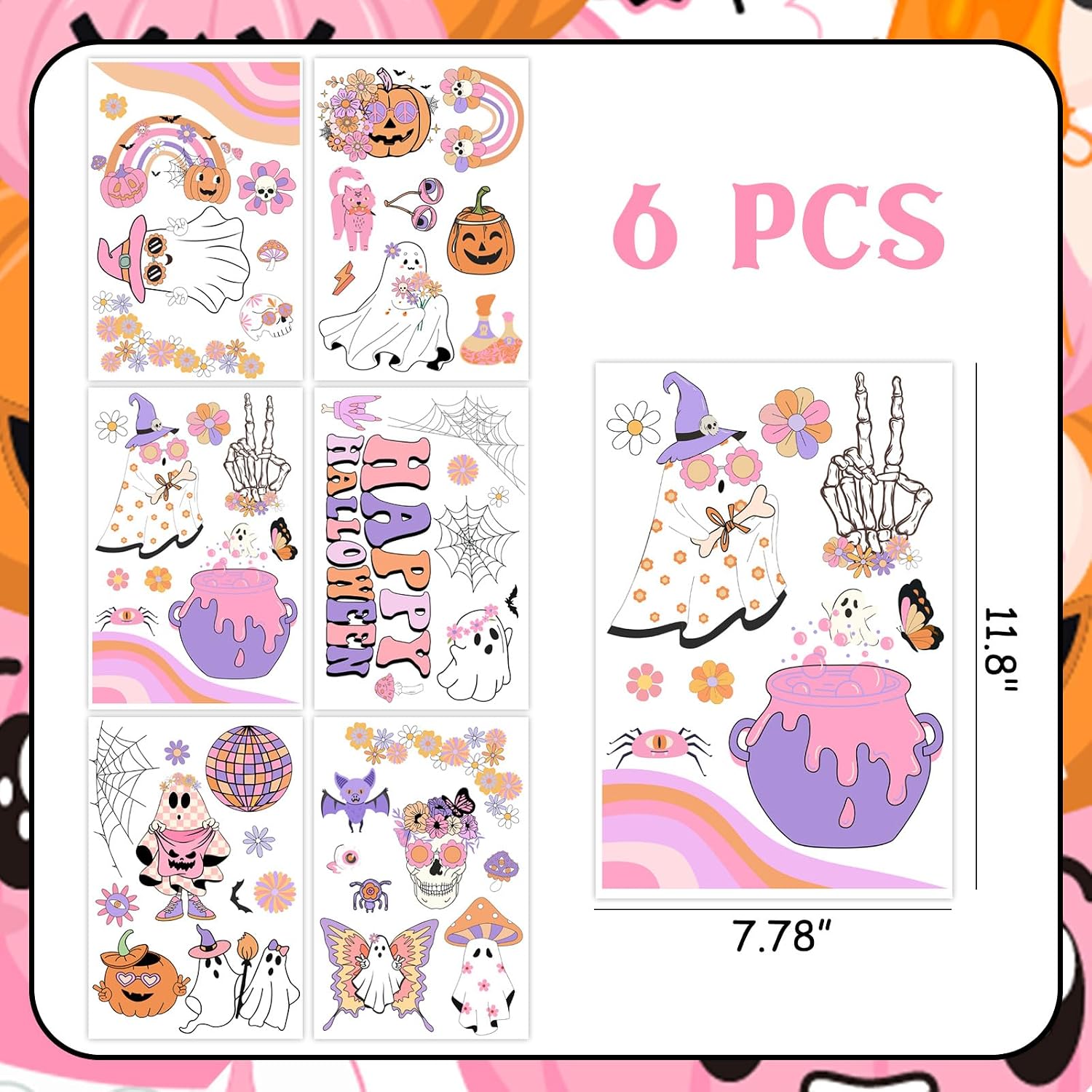 Halloween Groovy Party Decoration 6Pcs Happy Halloween Groovy Window Clings Ghost Window Decorations Double-Printed Hippie Ghost Boho Rainbow Pumpkin Decal for Home Party