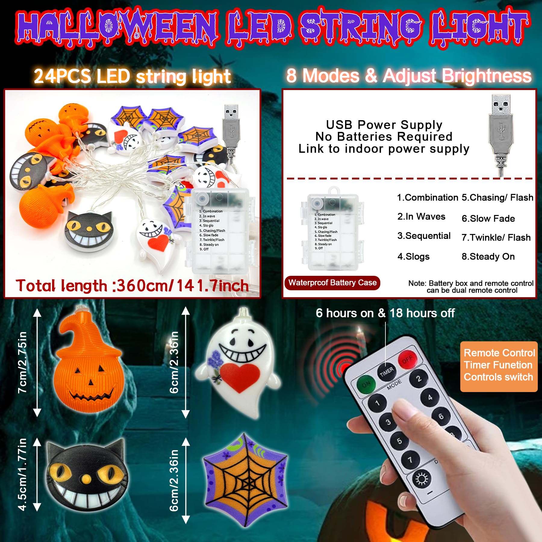 Lewondr Luci Decorative Di Halloween A Ventosa, 5 Pezzi Con Motivi Fantasma, Strega, Pipistrello, Goblin E Zucca, 2 Modalità E Timer, A Batteria