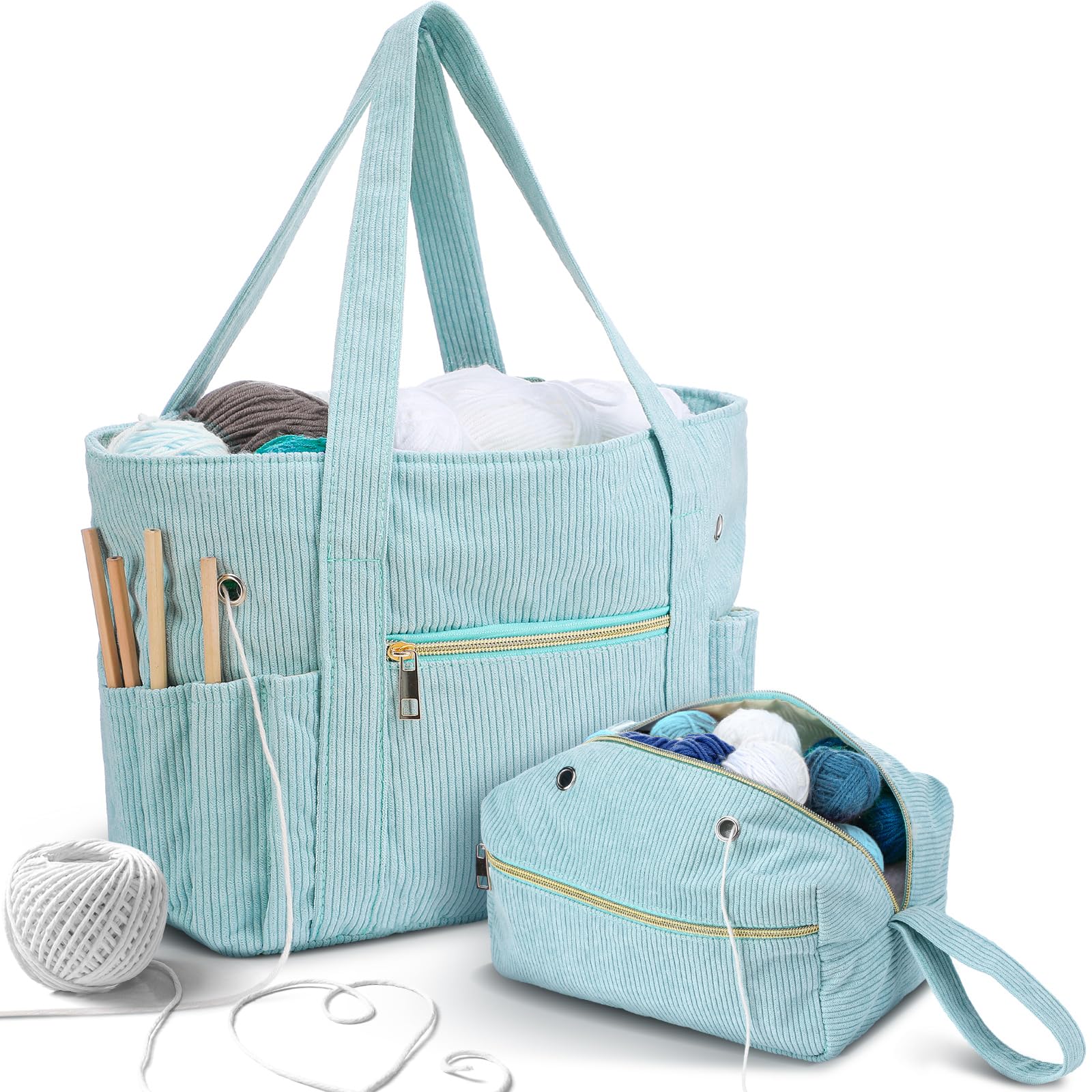 Juego de 2 bolsas de ganchillo y bolsa de pana para ganchillo, bolsa de ganchillo para ganchos de ganchillo, organizador de hilo para regalo de Navidad, amantes del ganchillo, bolsa de tejer