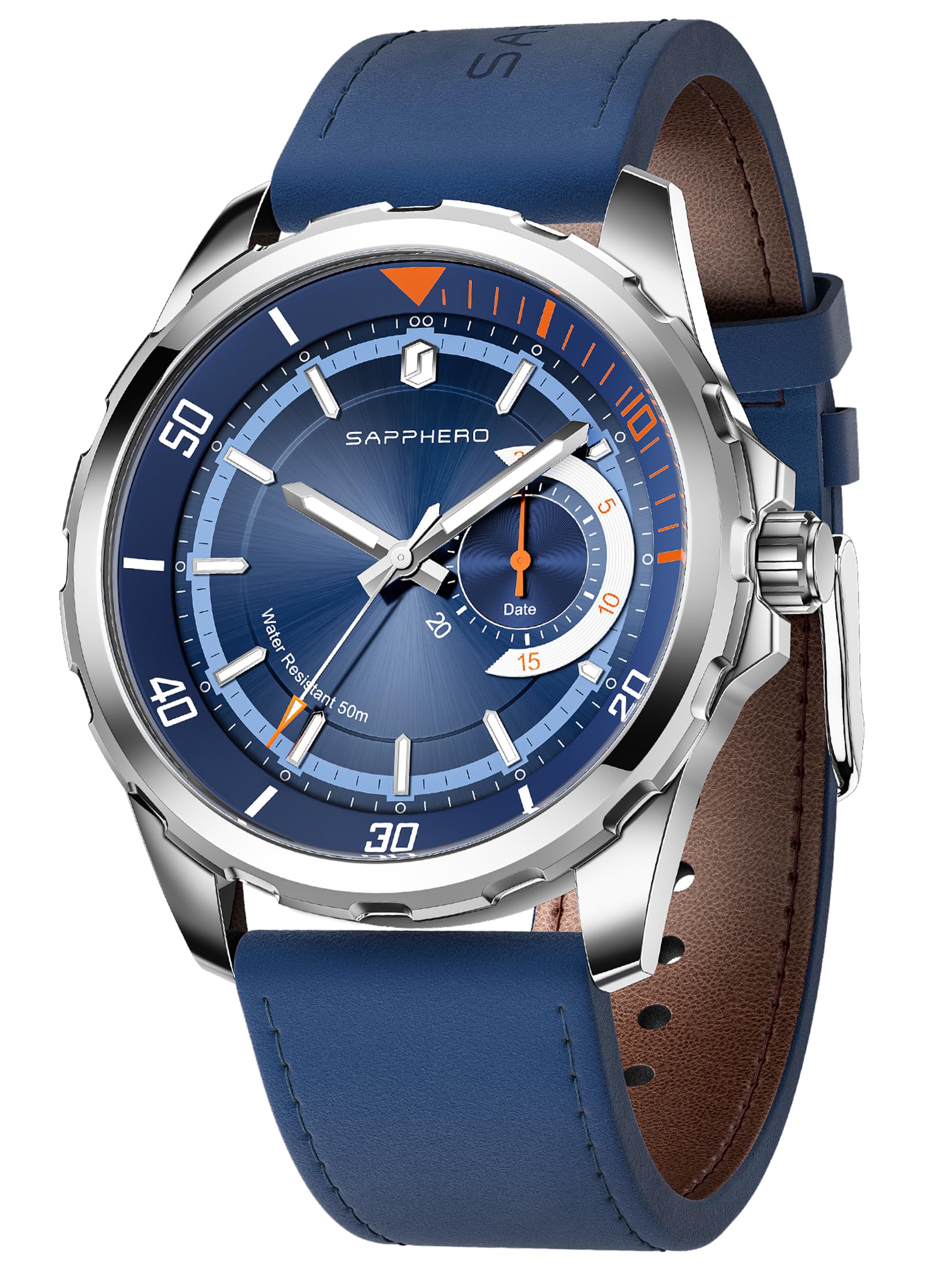 SAPPHERO Herren Analog Quarz Uhr mit Datum & arabischen Ziffern, 50 m wasserfest, Leuchtend, Business-Sport Design, Edelstahl- & Lederarmband, Geschenk für Männer