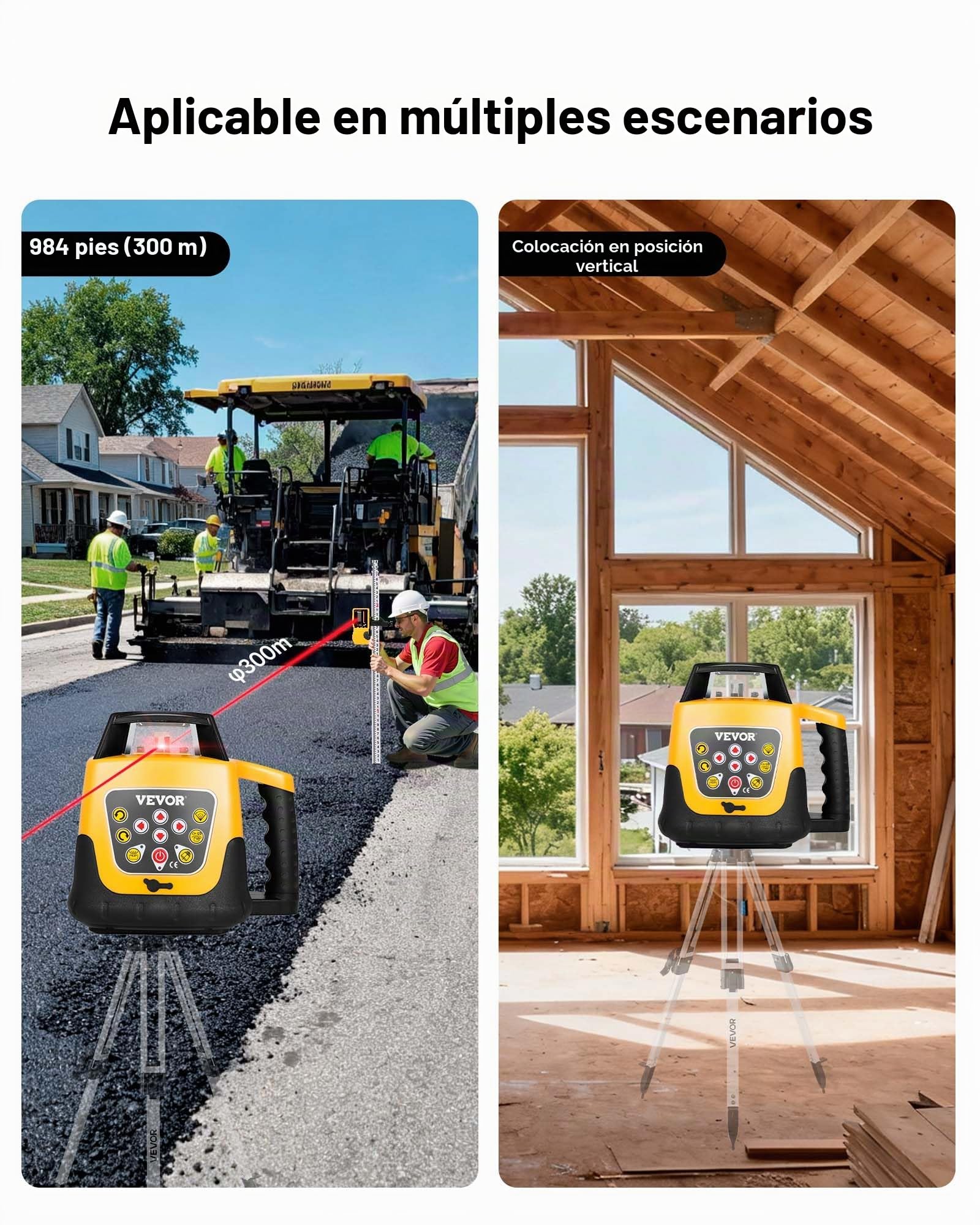 VEVOR Kit de Nivel Láser Giratorio de Haz Rojo, Alcance de 300 m, Inclinación Ajustable, Rotación de 360 ​​Grados, Estuche de Transporte, Resistencia al Agua IP54, Receptor de Control Remoto