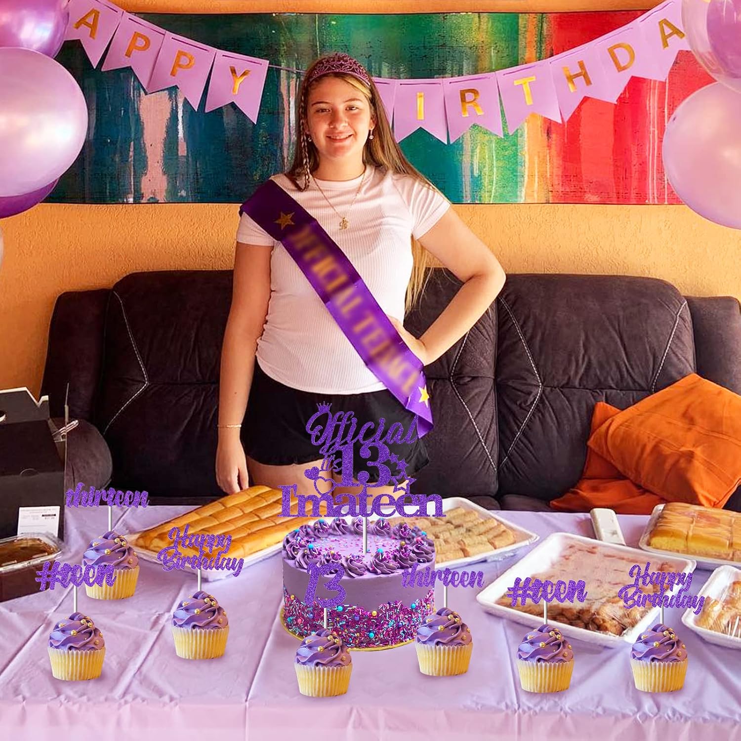 Glitter Purple 13th Cake Decorations - Official 13 I'm a Teen Cake Topper with 24 Pack Cupcake Toppers for Teenager Girl Thirteen Birthday Party Supplies
