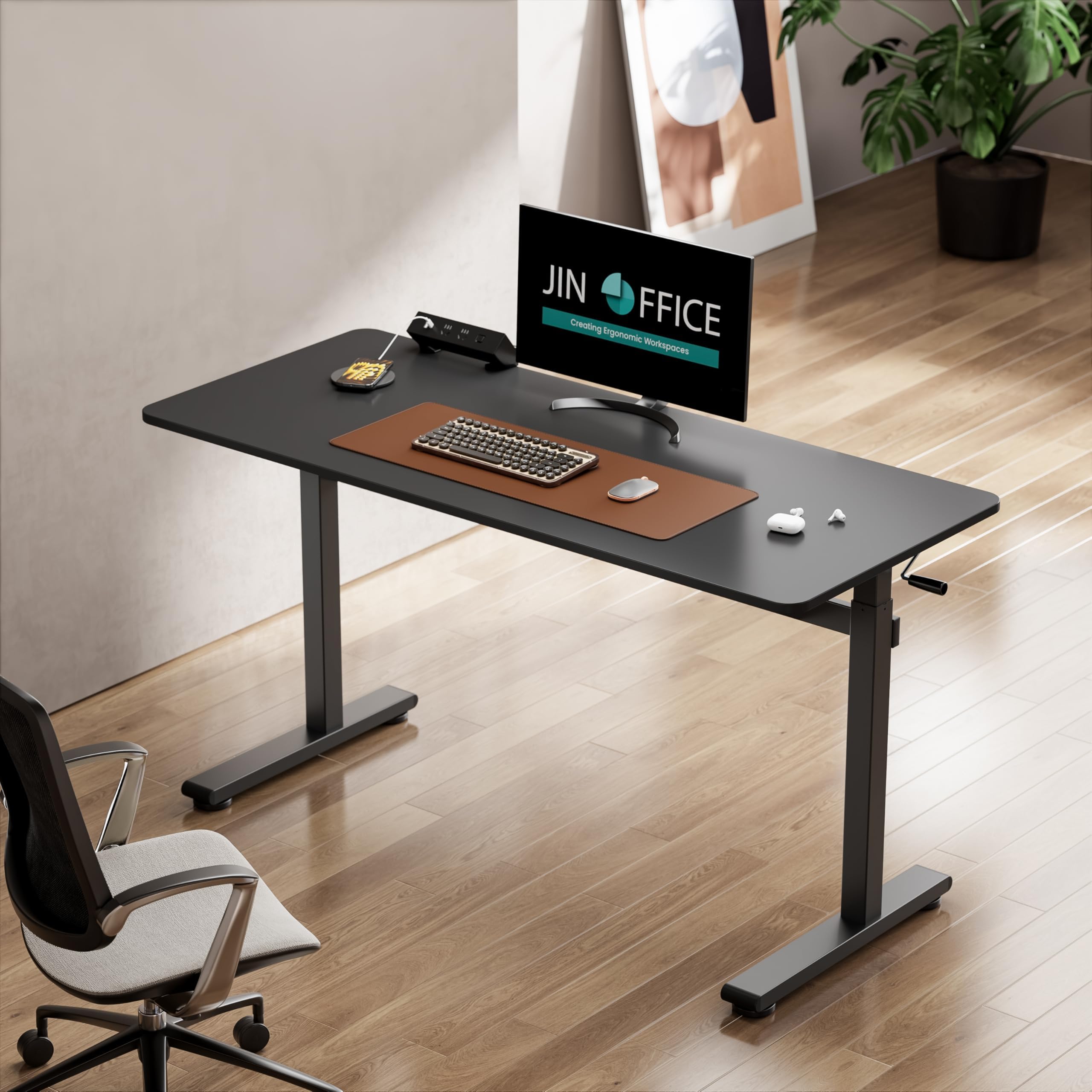 - JIN OFFICE Nova Manual Height Adjustable Desk | Sit Stand Desk with Stability Crossbar| Standing Desk| Ergonomic Table for Home Office| Hand Crank Height Adjustment| Black 1400 * 600mm Spacious Top