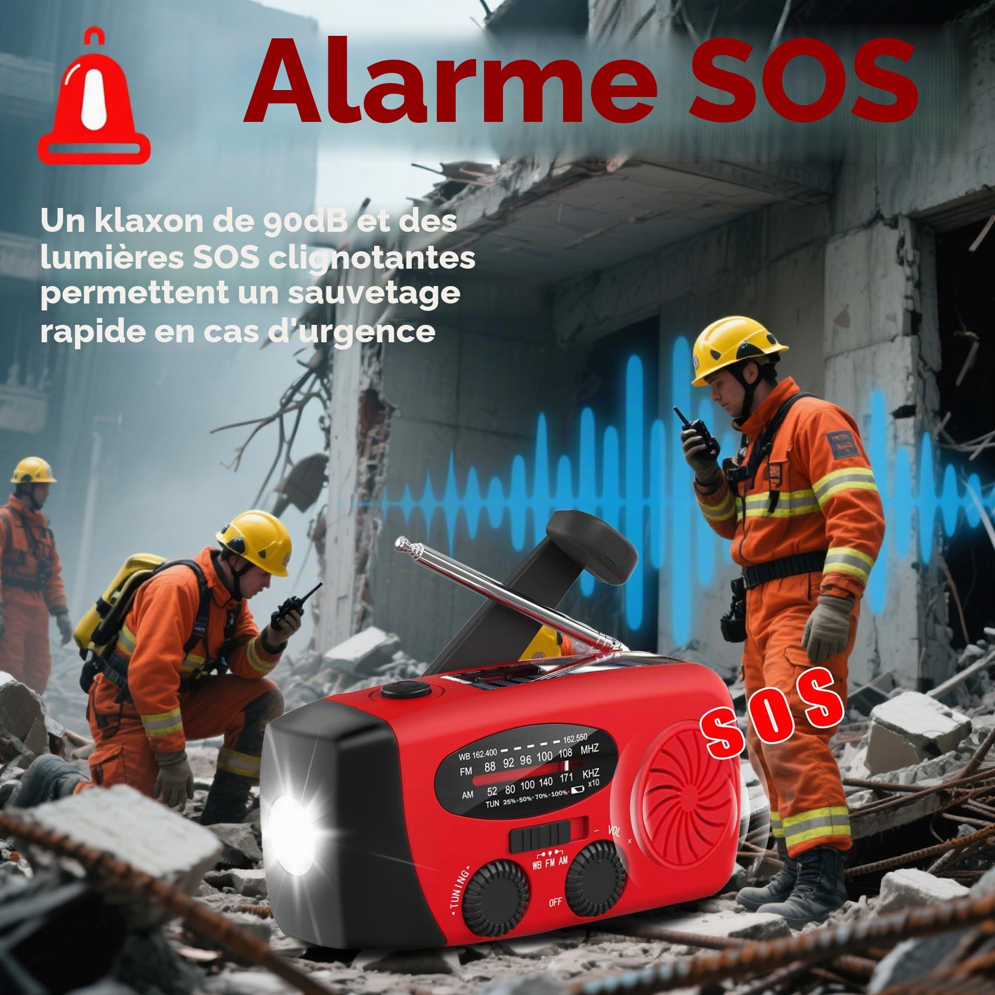 Radio météo urgence AM/FM/NOAA, manivelle solaire, chargeur de téléphone, lampe de poche 4 modes, alarme SOS, prise casque, pour urgence