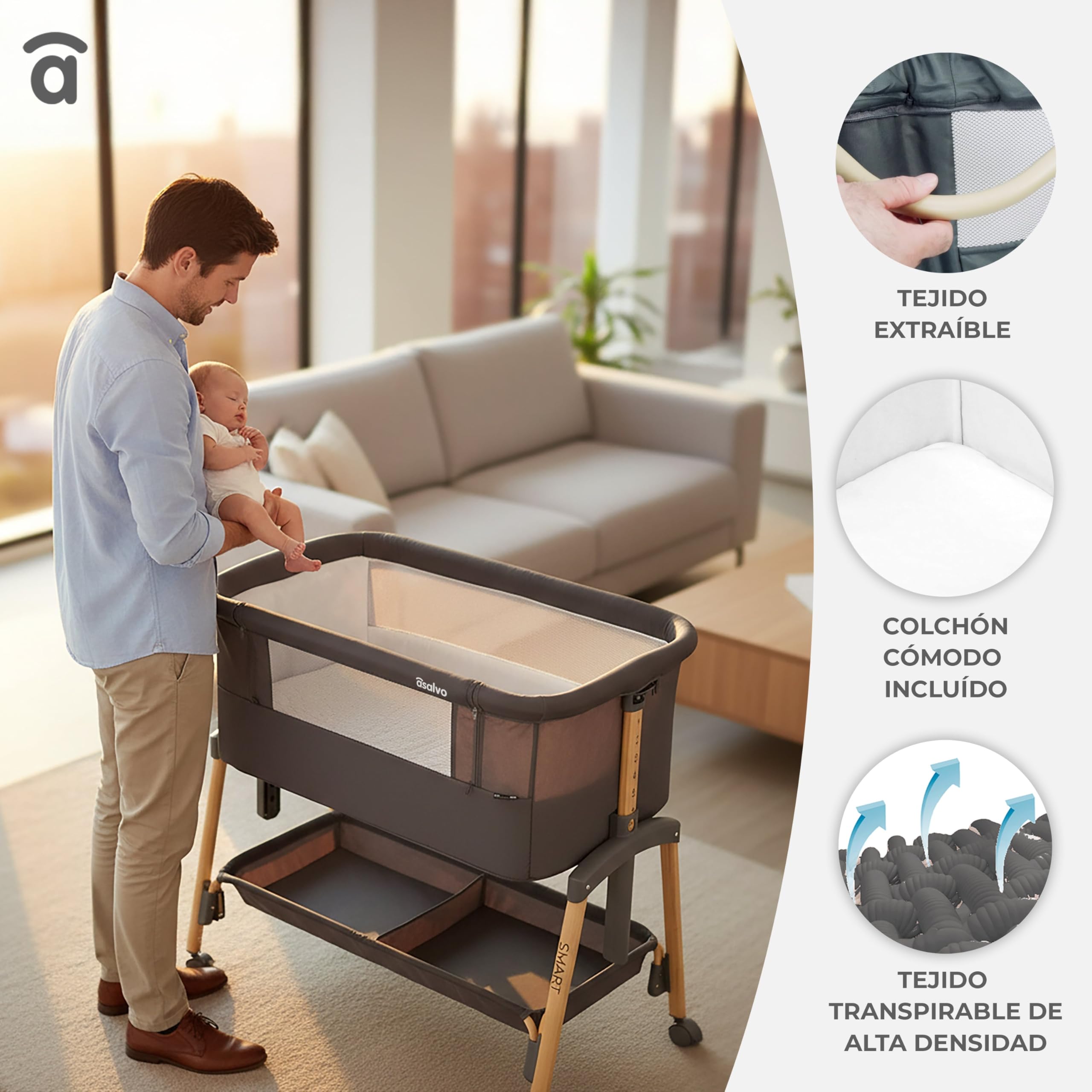 Asalvo Smart - Lettino 2 in 1 con 7 altezze regolabili, ruote con freni, materasso incluso, mini culla per neonati (beige)