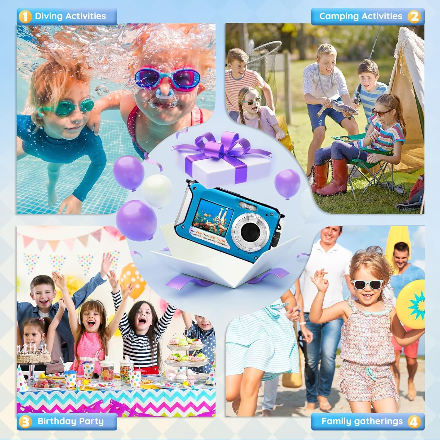 Cámara Digital Impermeable,Couleeur Full HD 2.7K 48MP Doble Pantalla Anti-Shake con micrófono LED Disparador automático y Zoom Digital 16X para niños Adolescentes (Azul)