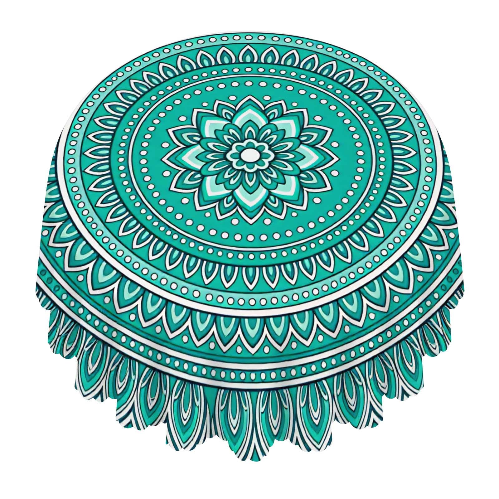 Mandala Light Teal Round Tablecloth Waterproof Washable For Dining Party