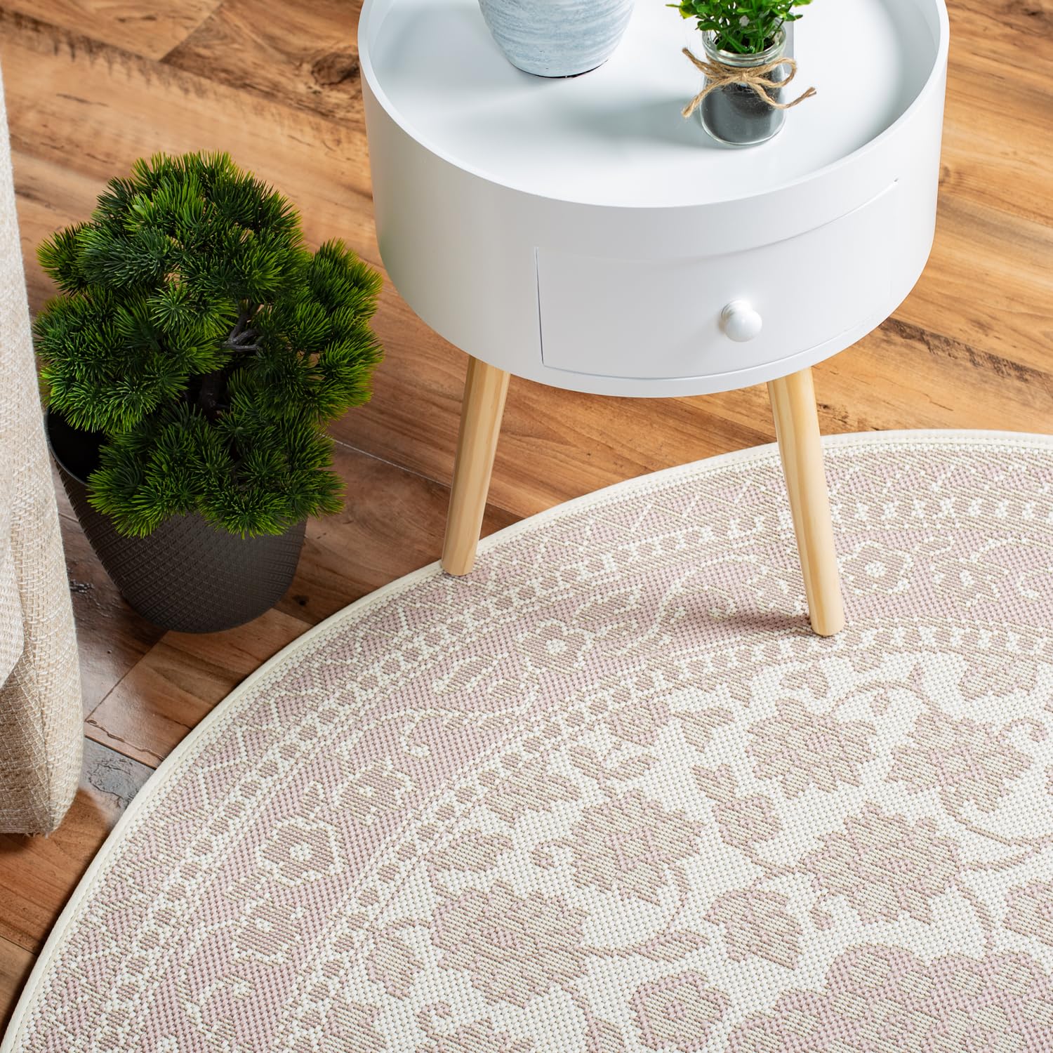 DomDeco In- und Outdoor-Teppich Rund - 120x120cm - Stilvoller Teppich für Innen- und Außenbereich - Beige-Rosé