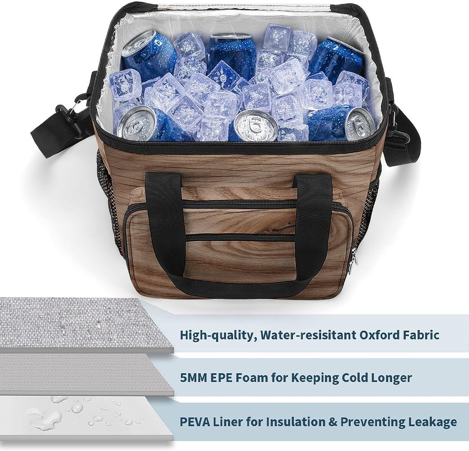 Camping Ice Pack, Wood Grain Print Cooler Bag, 22.5L Large Capacity Insulated Lunch Tote Bag for Outdoor, Picnic, BBQ, Travel, Work