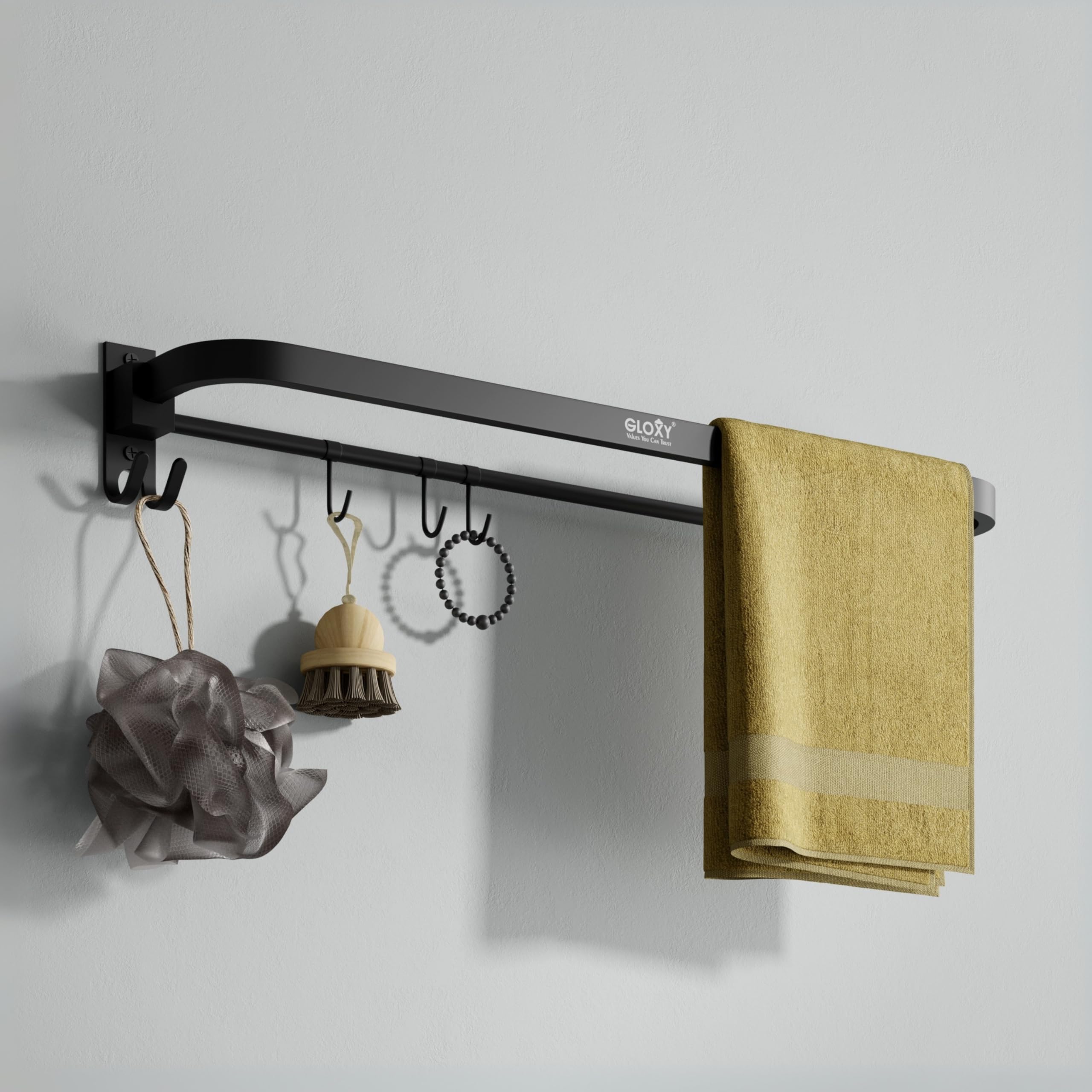 Gloxy Towel Rack in Bathroom | 24 Inch Towel Holder in Bathroom | Black Matte Stainless Steel Towel Rod | Wall Mounted Cloth Hanger Bar & Napkin Holder for Wash Basin – Home & Kitchen Use-image-0