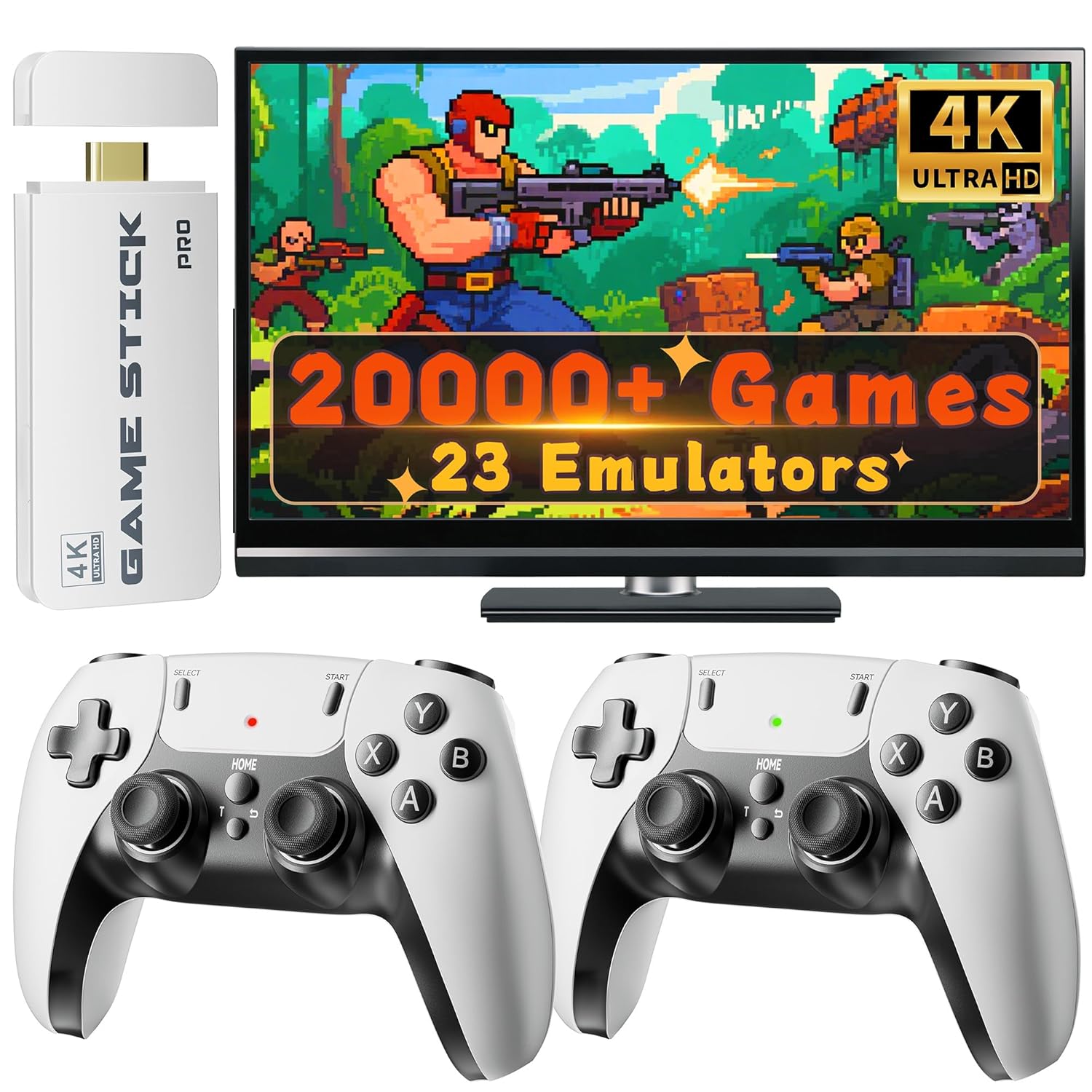 Huqjot 2025 Upgraded Retro Gaming Console Stick Pro, Video Games Console with 4K HDMI, Built-in 23 Classic Game Emulators, 20000+ Games - Video Game with Upgrade Dual 2.4G Wireless Controllers (64G)