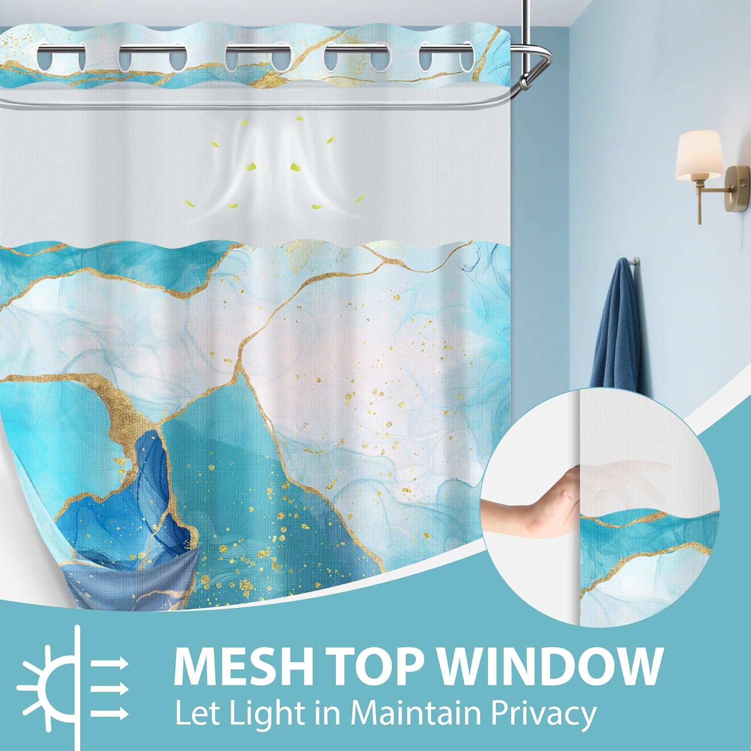Marble Blue and Gold Hookless Shower Curtain with Snap in Liner, Abstract Modern No Hook Double Layer Shower Curtain and Liner Set, Waterproof Cloth Fabric, 71" W X 74" L (Pack of 1)