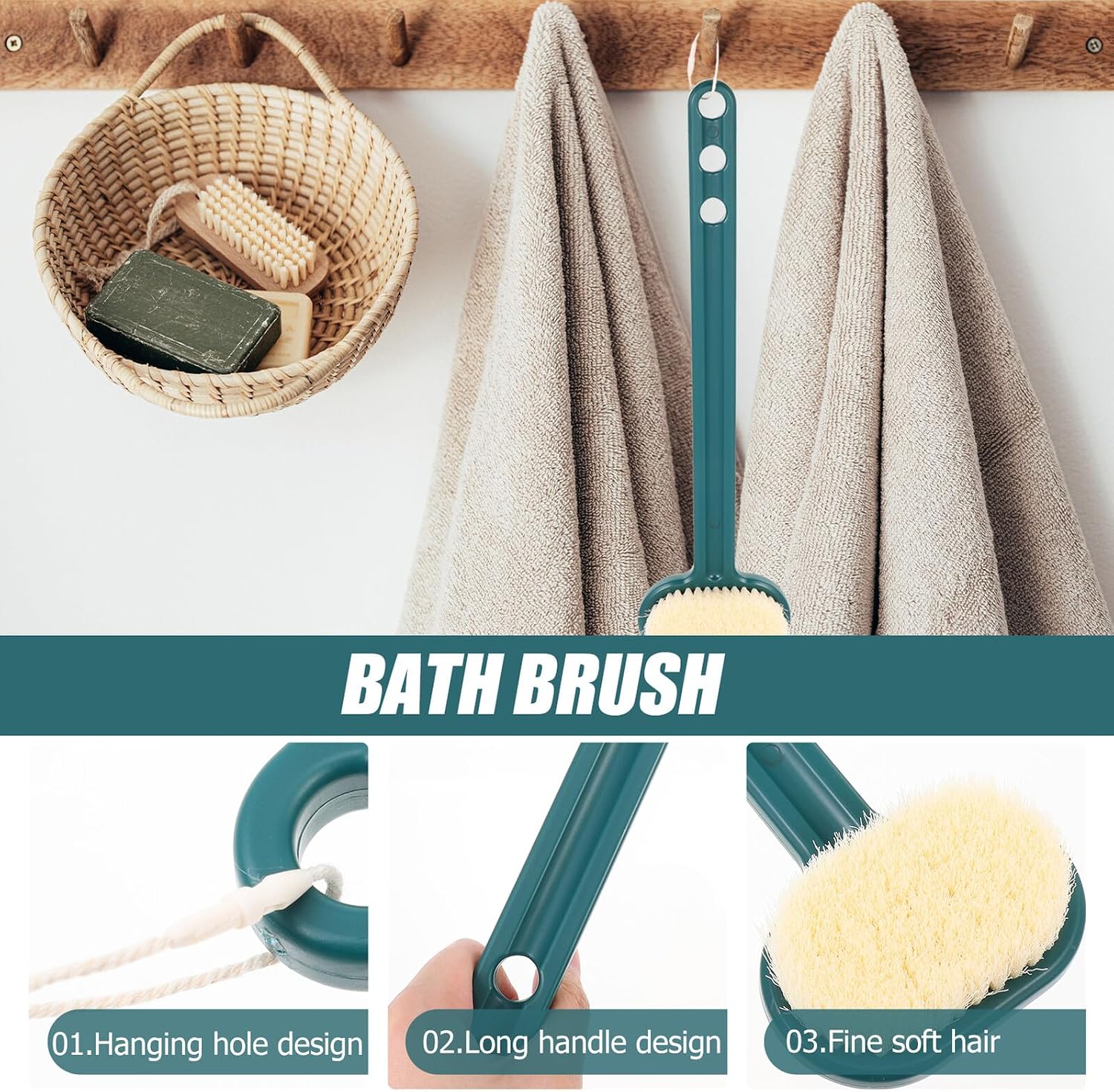 Body Bath Brush and Long Handle Back Scrubber Soft Bristles Skin Exfoliating Brush for Shower for Women Emerald Green