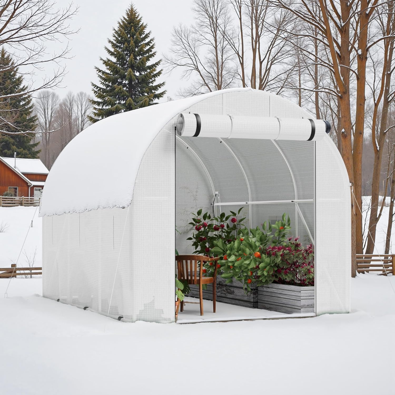 Flamaker 10×6.6×6.4 FT Walk-in Greenhouse, Portable Heavy Duty Green House for Outdoors, Winter Hot House with PE Cover & Roll-up Zipper Door, Plastic Plant Warm House (White)