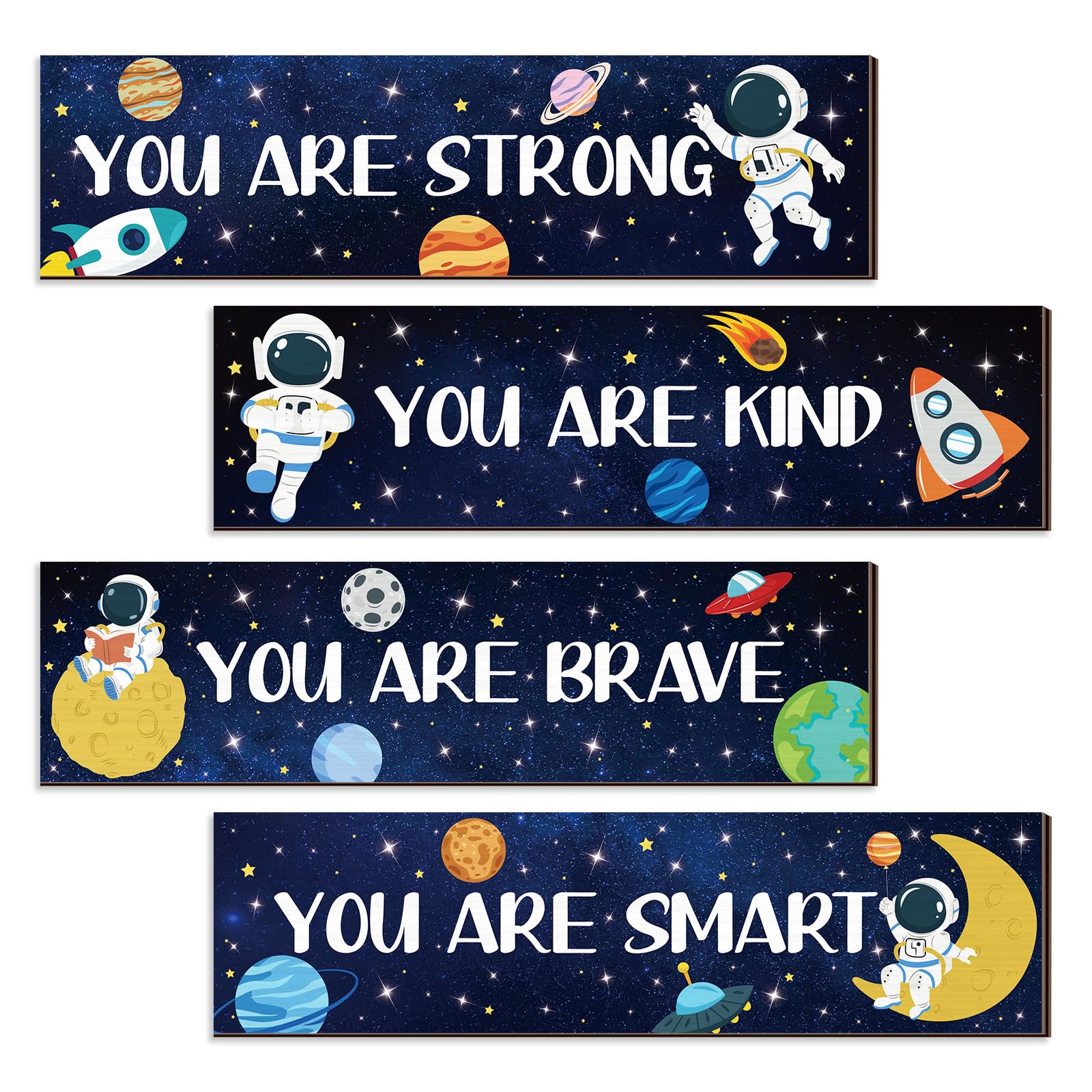 4 Pack Space Bedroom Wall Decor Boys Inspirational Wooden Hanging Wall Sign Motivational Quote Wall Decor for Kids Room, Home, School, Nursery,