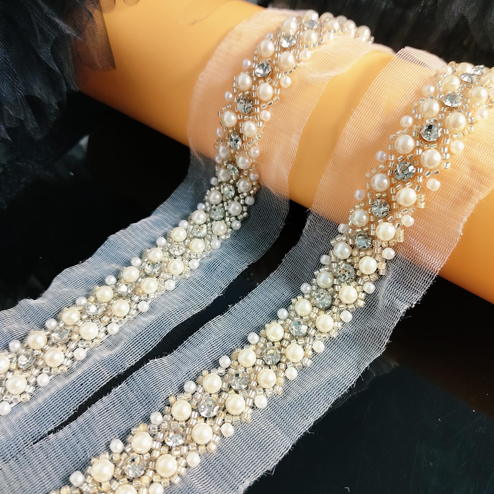 LDDGZS 2cm Woven Pearl Embroidery lace, Flash Diamond DIY Clothing Collar Sleeves Pearl Piping Decorative Strip, Dress, Fashion Clothing Decorative Accessories.(2yards) (White)