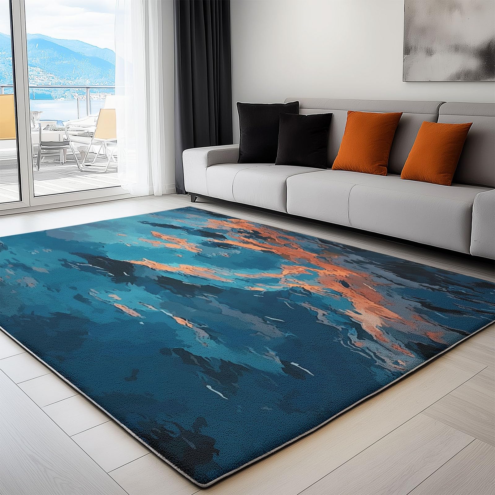 Tapis salon lavable en machine résistant aux taches de vagues bleues 120x170