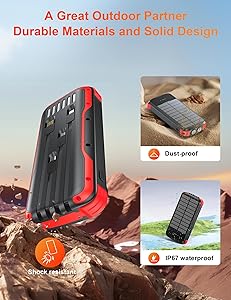 SOXONO Solar Charger Power Bank, PD 20W Fast Charging External Batter, 40000mAh Portable Phone Charger Built in 4 Cables with Dual Bright Flashlights for Camping, Hiking, and Outdoor UseRED