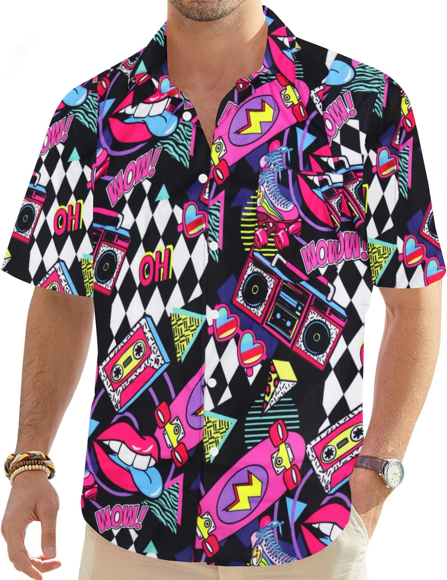 hohololo 80s Vintage Shirt for Men 70s Disco Shirt Party Costume Men's Retro Classic Hawaii Shirt