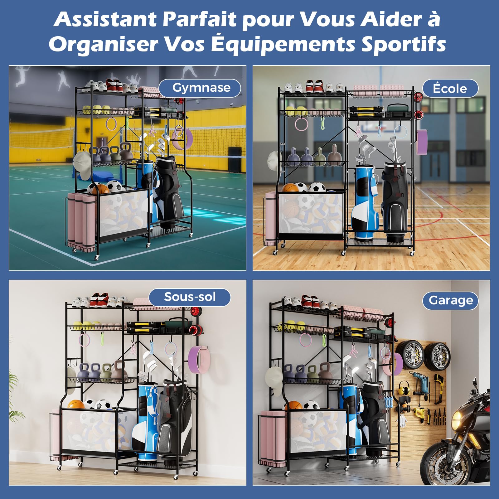 GOPLUS Organizador de Equipo Deportivo con 6 Ruedas, Estante de Almacenamiento de Metal para Pelotas, Mancuernas, Yoga Esterilla, Bolas y Bolsas de Golf, 5 Estantes Ajustables y 13 Ganchos Extraíbles
